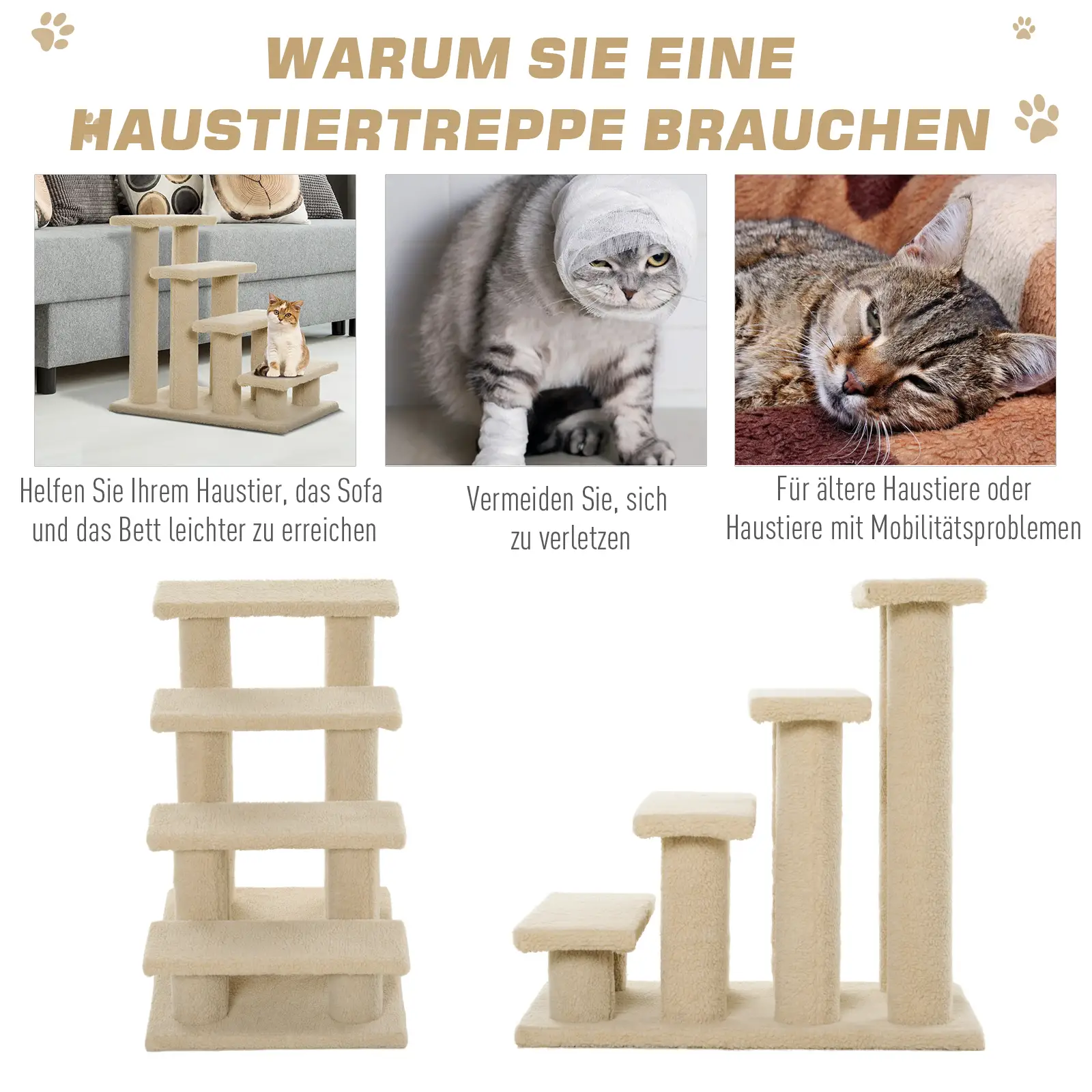 PawHut Katzentreppe 4 Stufen Steighilfe für ältere Tiere