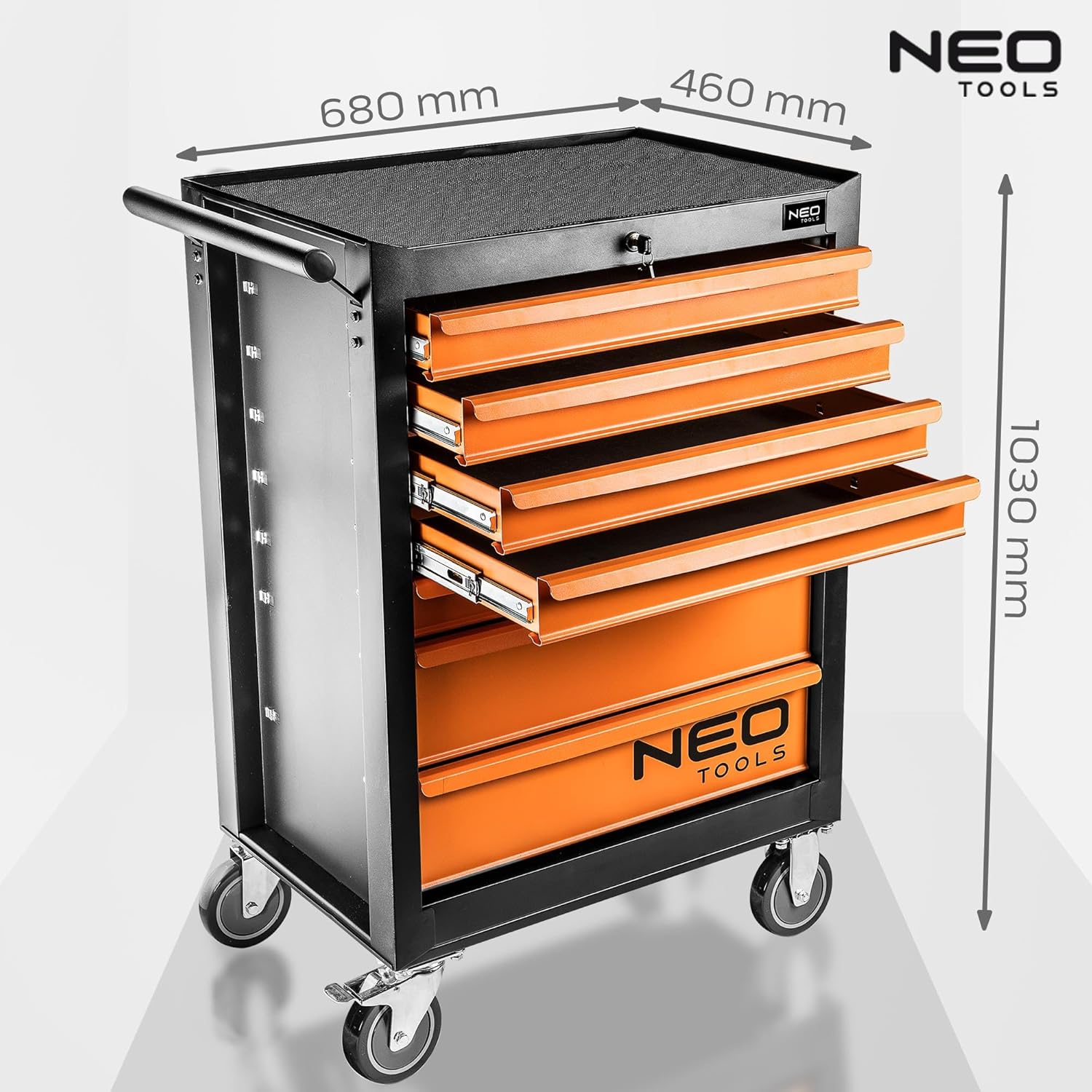 NEO TOOLS Werkzeugschrank 680x460x1030 mm, 7 Werkzeugschubladen, Belastbarkeit 280 kg, öl- und fettbeständiges Oberteil, Zentralverriegelung, Schubladenverriegelung, 5