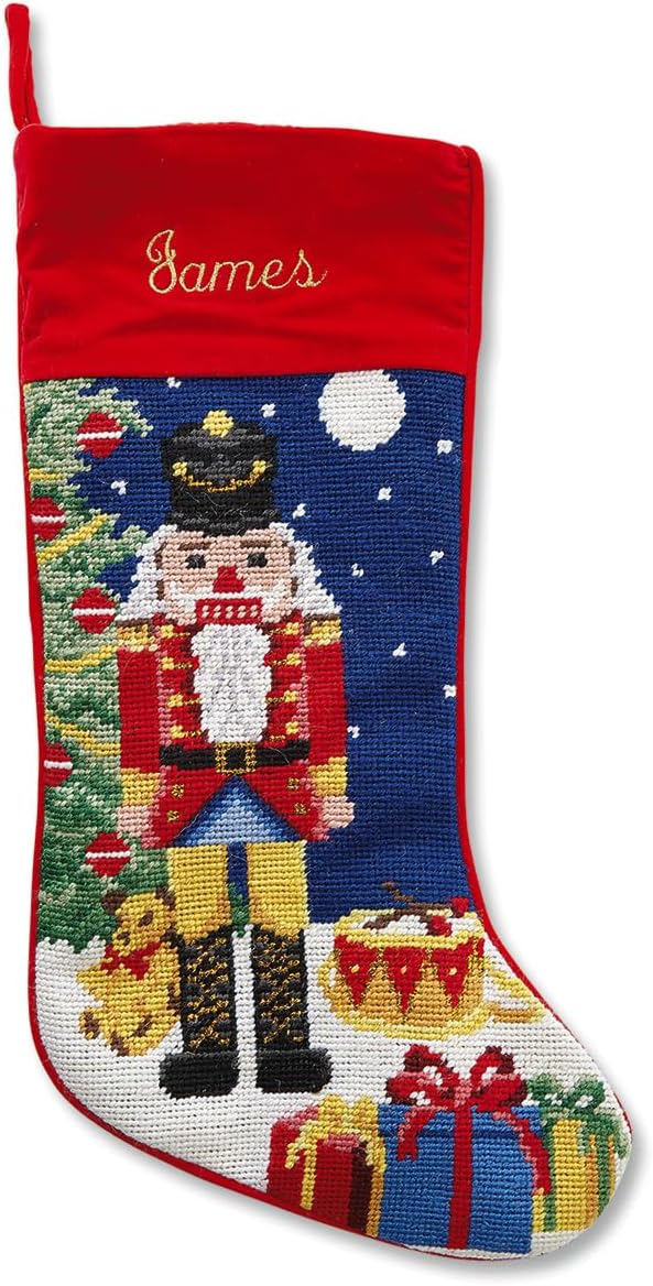Lillian Vernon Personalized Needlepoint Reindeer Stocking - Heirloom Christmas Stocking, 100% Wool, 9.5” W x 17” L