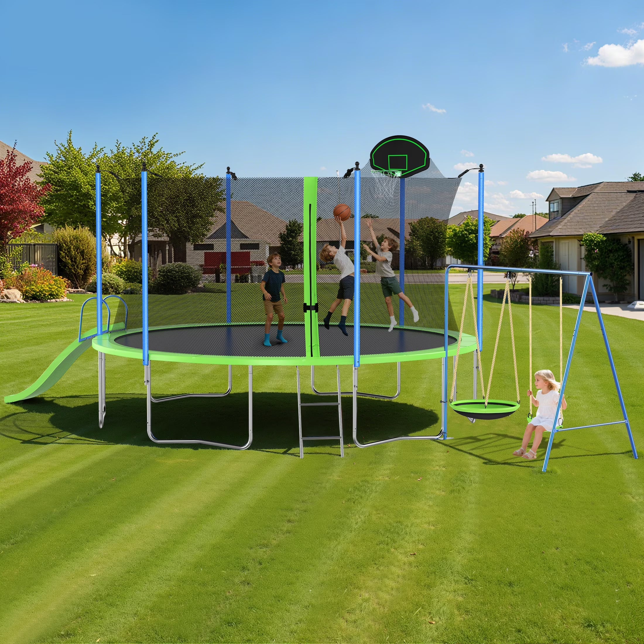 12FT Trampoline with Slide, Swings, SEGMART Recreational Trampoline with Basketball Hoop and Ladder, Heavy Duty Outdoor Backyard Trampoline with Net for Kids and Adults, Green