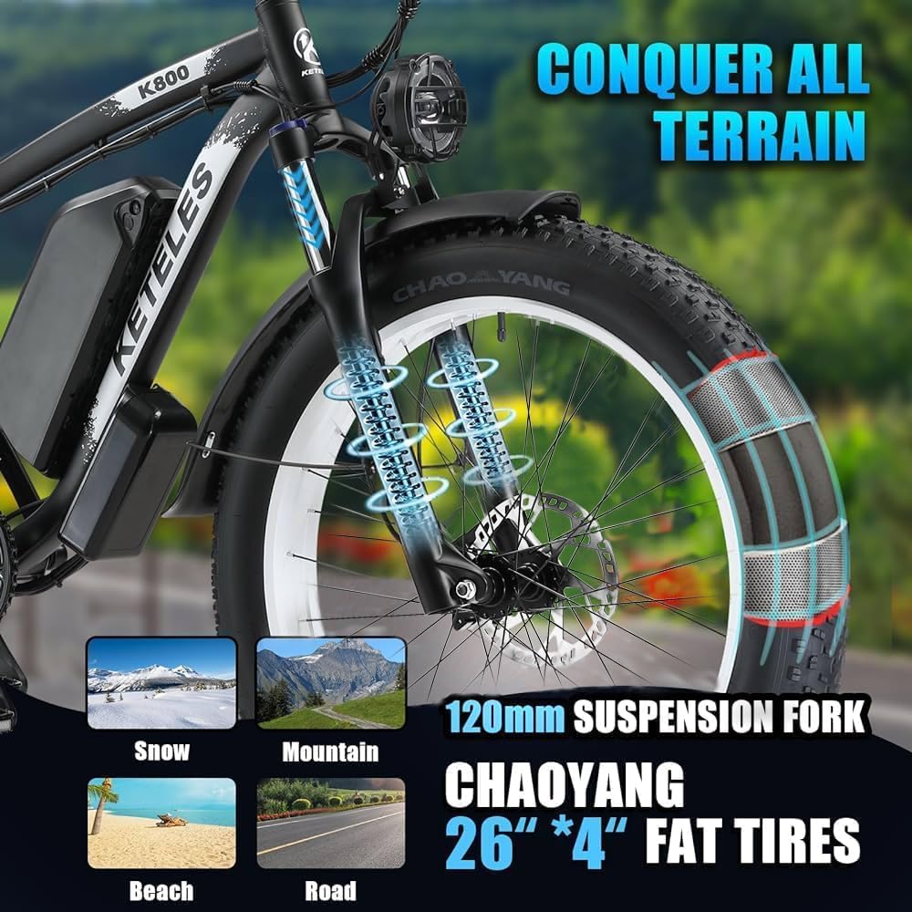 Electric Bike for Adult, 26 x 4.0 Fat Tire Ebike, 1000W/2000W Peak Electric Bicycle, 48V 13/17.5/23AH Waterproof Battery, Front Suspension Ebike, 27MPH-46MPH, Adjustable Seat, UL and GCC Certified