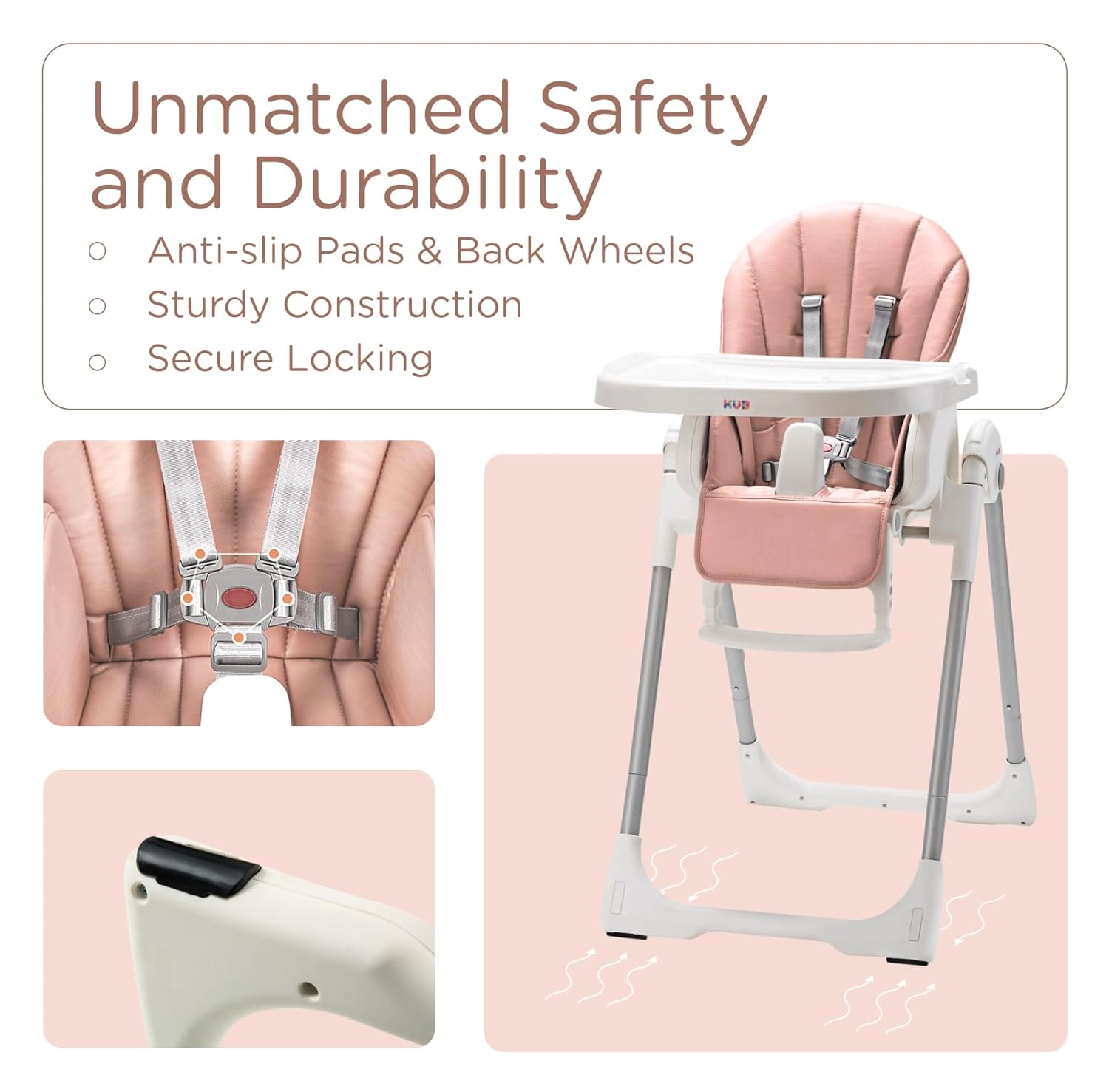 JBG Foldable Baby High Chair, Grey Faux Leather, Adjustable Height & Recline, Removable Tray, Locking Wheels, 5-Point Harness
