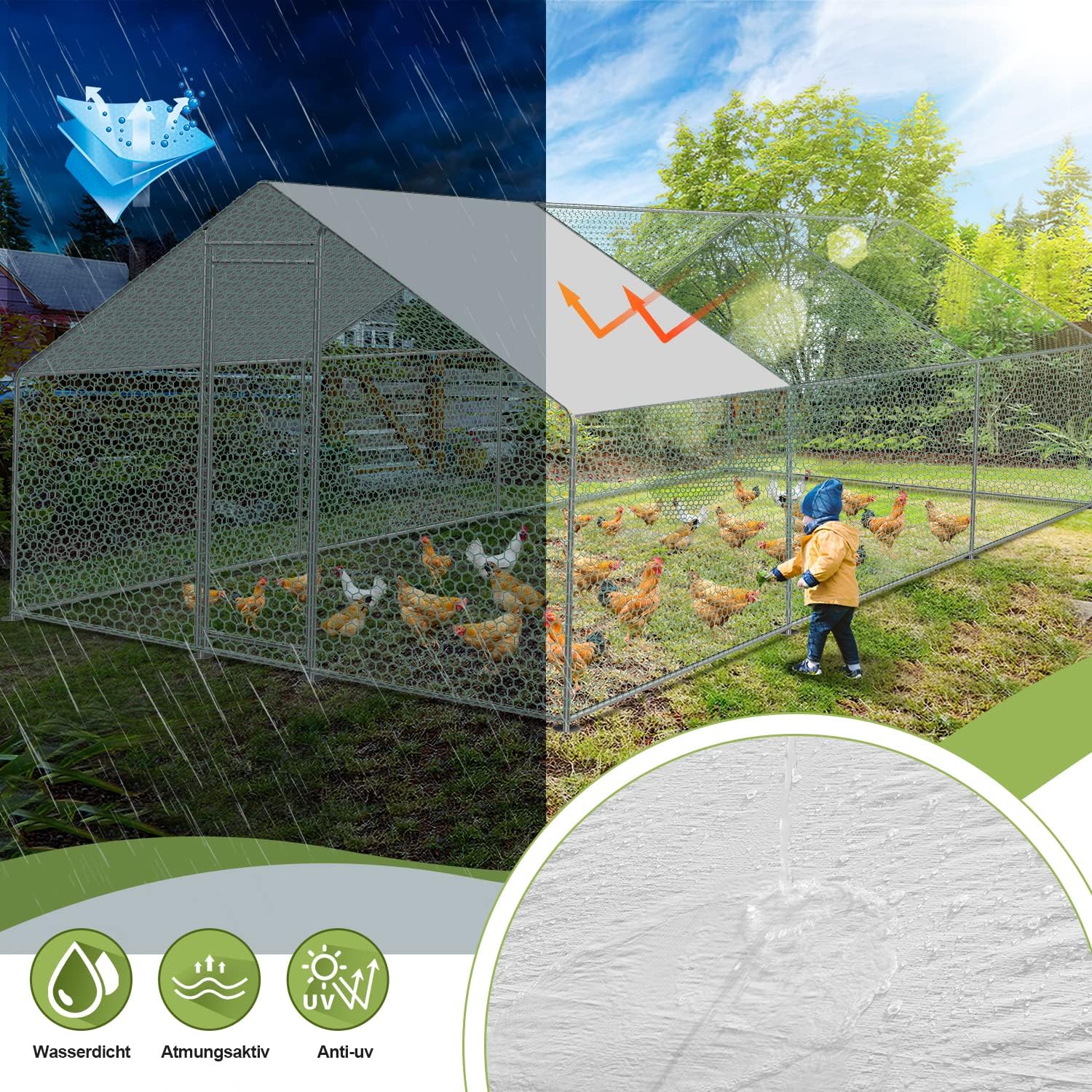 Sonnewelt Freilaufgehege 3x6x2m Hühnerstall Verzinkter Stahl Kleintierstall Hühnerhaus Dach Geflügelstall mit Sonnenschutzdach und Tür für Haustierkäfig Hühnerkäfig Vogelkäfig Kleintiere Pflanzen