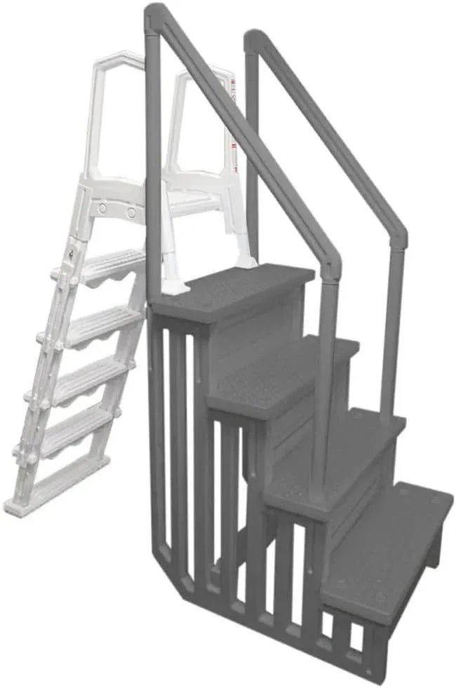 Non-slip entry steps for pools | Grey | For above-ground pools | Can be installed on terraces with a height of 122 to 137 cm | Load capacity up to 136 kg