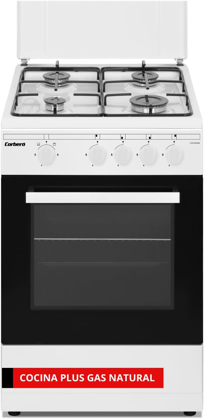 Corberó - Cocina de Gas Natural Plus | CCSF45020NW | 43L | 4 Quemadores | Encimera Metálica | Puerta de Horno Doble Cristal | Bandeja y Parrilla Cromadas | Desconexión Automática FFD | Blanco