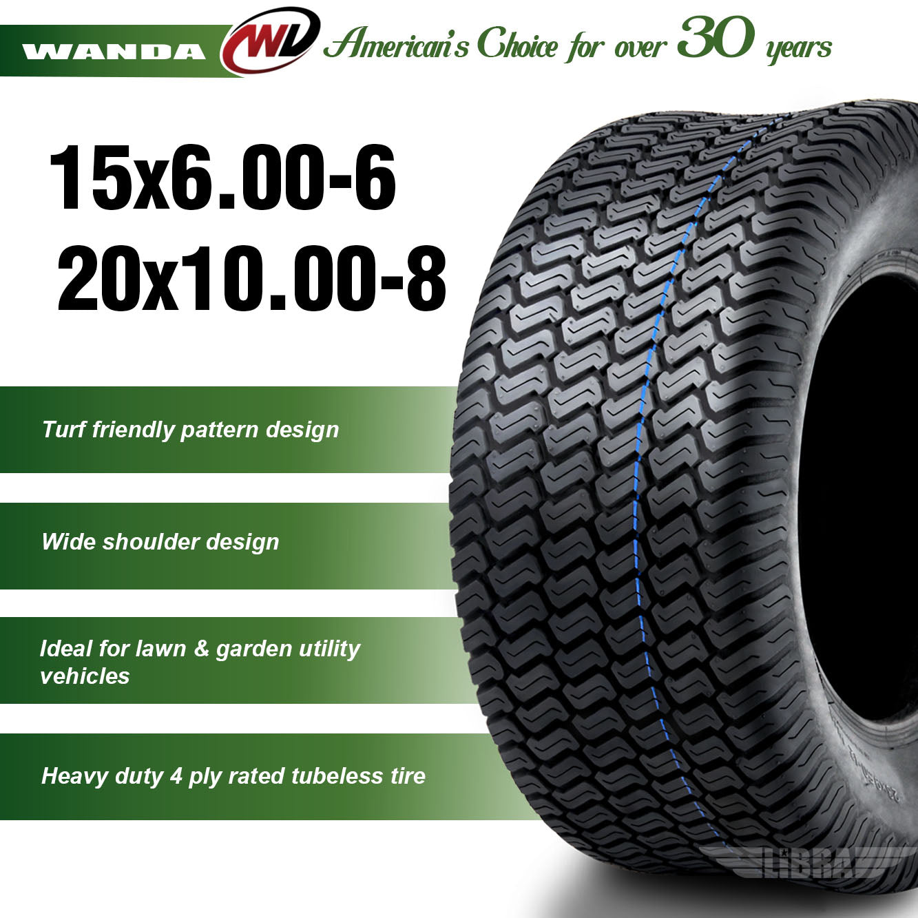 Set of 4 New Lawn Mower Turf Tires 15×6-6 Front and 20×10-8 Rear /4PR -13016-13040