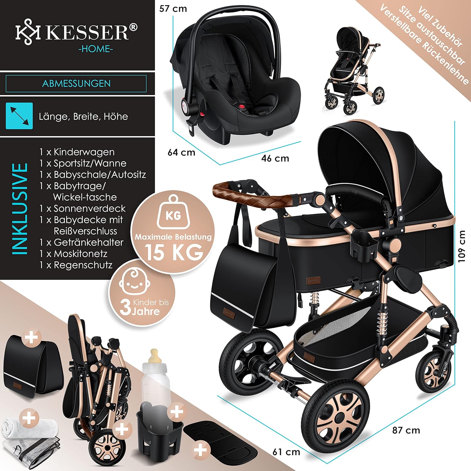 KESSER® Loops 3 in 1 Kinderwagen Kombikinderwagen Komplett-Set inkl. Babywanne & Buggy Sportsitz & Auto-Babyschale Voll-Gummireifen Wickeltasche Regenschutz Kindertisch ECE R129, Grau/Silber