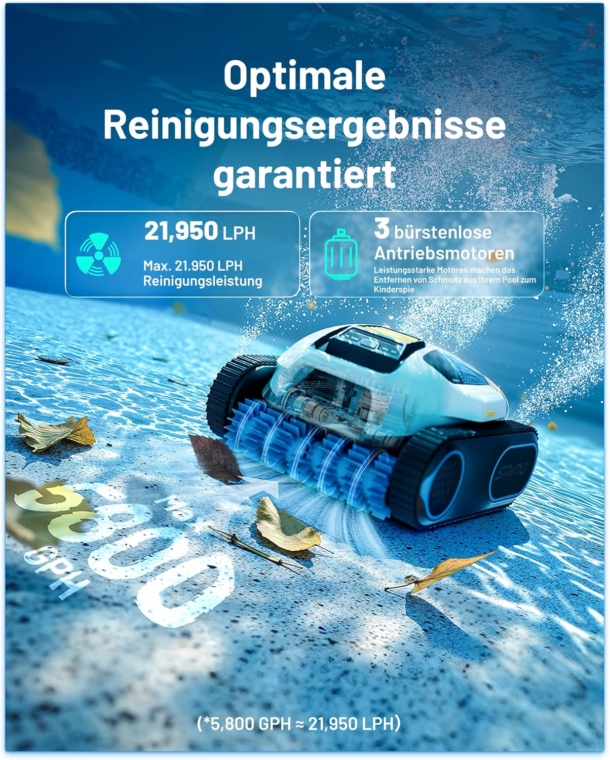 Spino E1 Poolroboter Akku Boden und Wand, 210 Min Kabellos Poolsauger, Max 21950 LPH, Poolreiniger mit 5 Reinigungsmodi, Auto Wasserlinien Parkfunktion & SmartArc Routenplan,bis 150㎡ (E1)