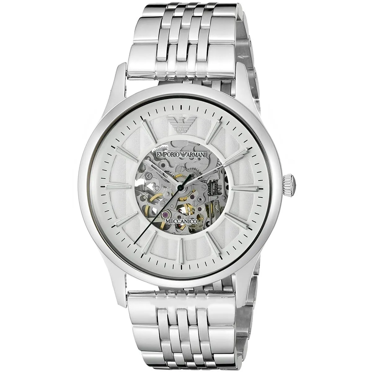 Emporio Armani Meccanico Skeleton Silver Dial Silver Steel Men's Watch AR1945