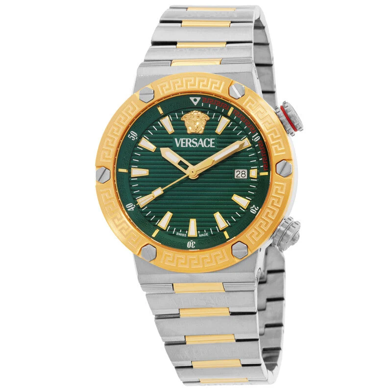 Versace Greca Logo Diver Green Dial Two-Tone Swiss Chronograph Watch - VE8G00524