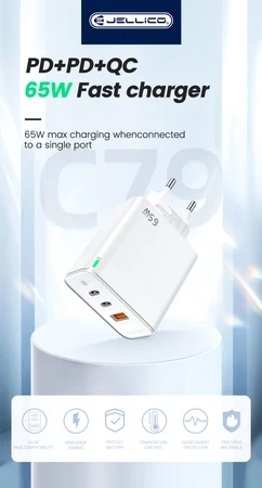 65W USB-C Schnellladegerät PD mit 3-Ports Kompaktes Netzteil Universal mit Kabel