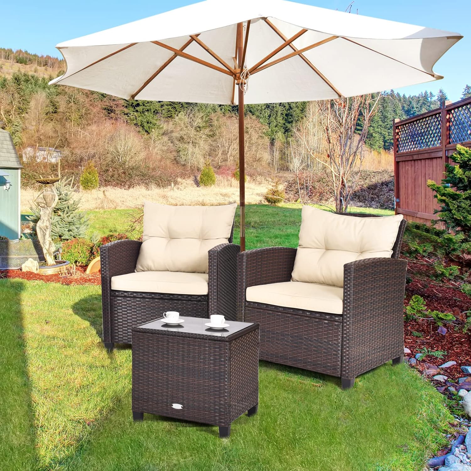 GIANTEX Rattan Garden Furniture Set, 3 Pieces Furniture, 1 Coffee Table + 2 Armchairs, Outdoor Living Room with Cushions for Balcony, Garden, Patio, Patio, 3 Colours (Beige)