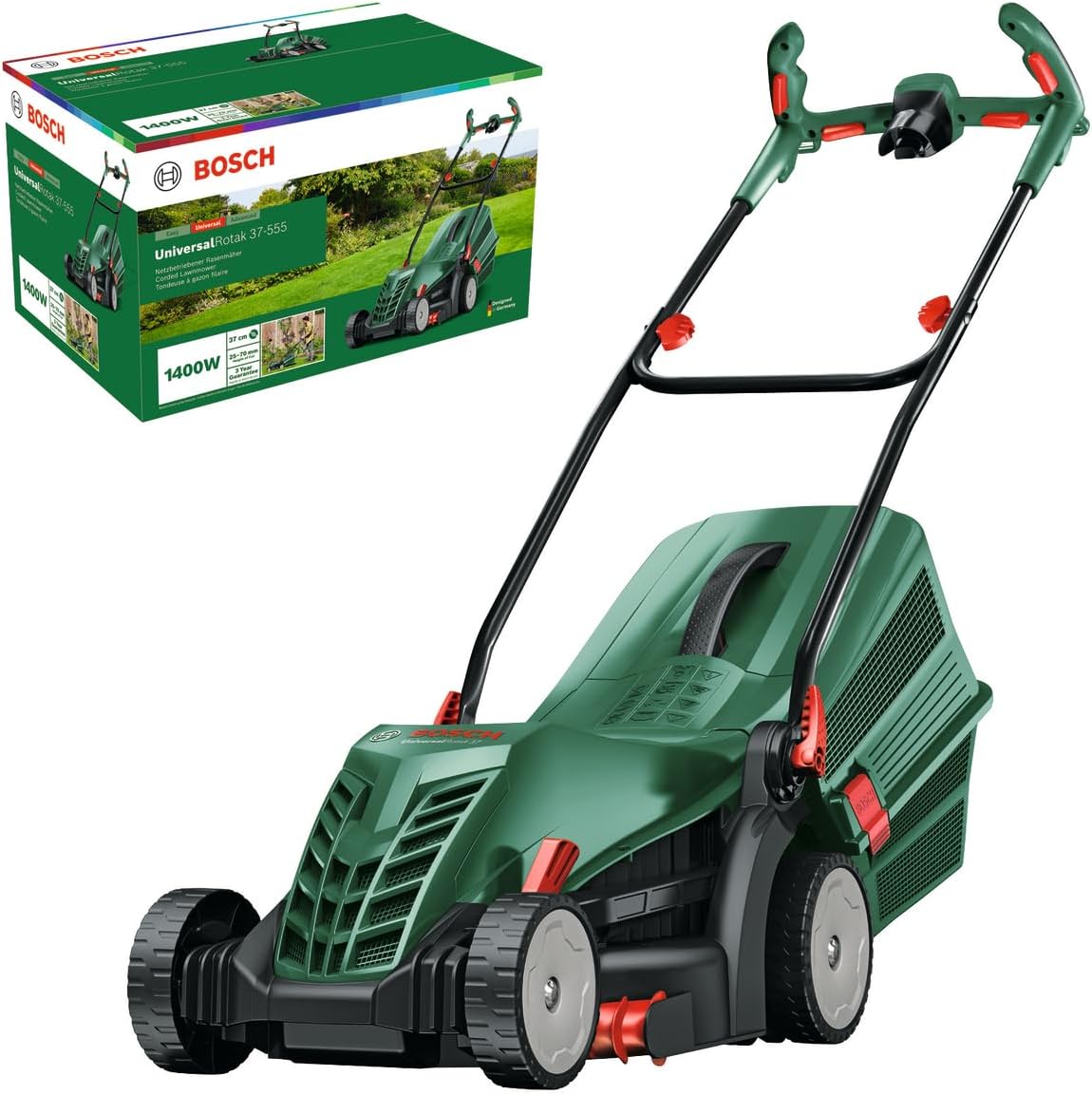 Bosch kabelgebundener Rasenmäher UniversalRotak 37-555 (1400-W-Motor, Schnittbreite: 37 cm, 40-Liter-Grasfangkorb, Ergoflex-Handgriffe)