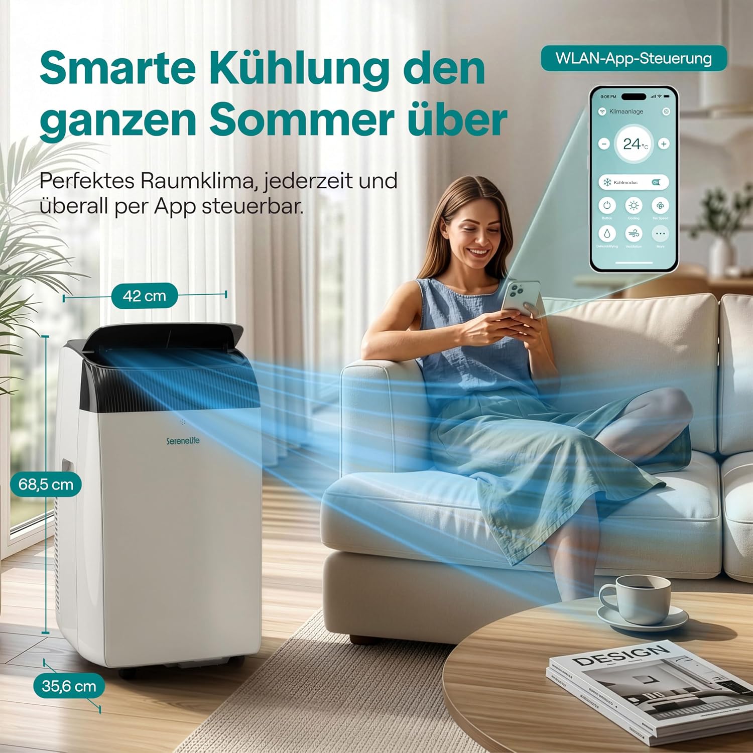 SereneLife Mobile Klimaanlage 12000 BTU, WLAN, 3 in 1 Kühlen Entfeuchten und Ventilieren, Klimagerät mit Abluftschlauch Fensterkit, 3.52kW- Für Räume bis 40 m², Leiser Betrieb, Rollen und Timer