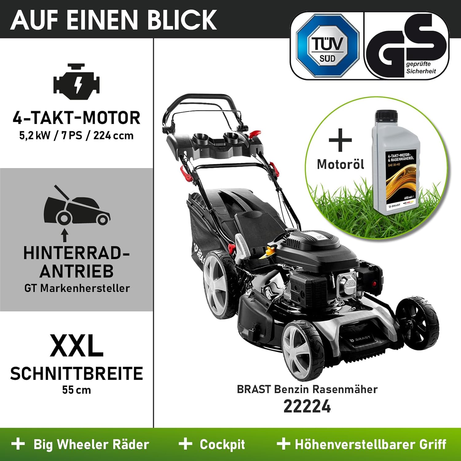 BRAST Benzin Rasenmäher mit Antrieb | 5,2kW (7PS) | 55cm Schnittbreite | viele Modelle | TÜV | 30-80mm Schnitthöhe | 60L Fangkorb | 4 Takt OHV Motor | Stahlgehäuse | Power