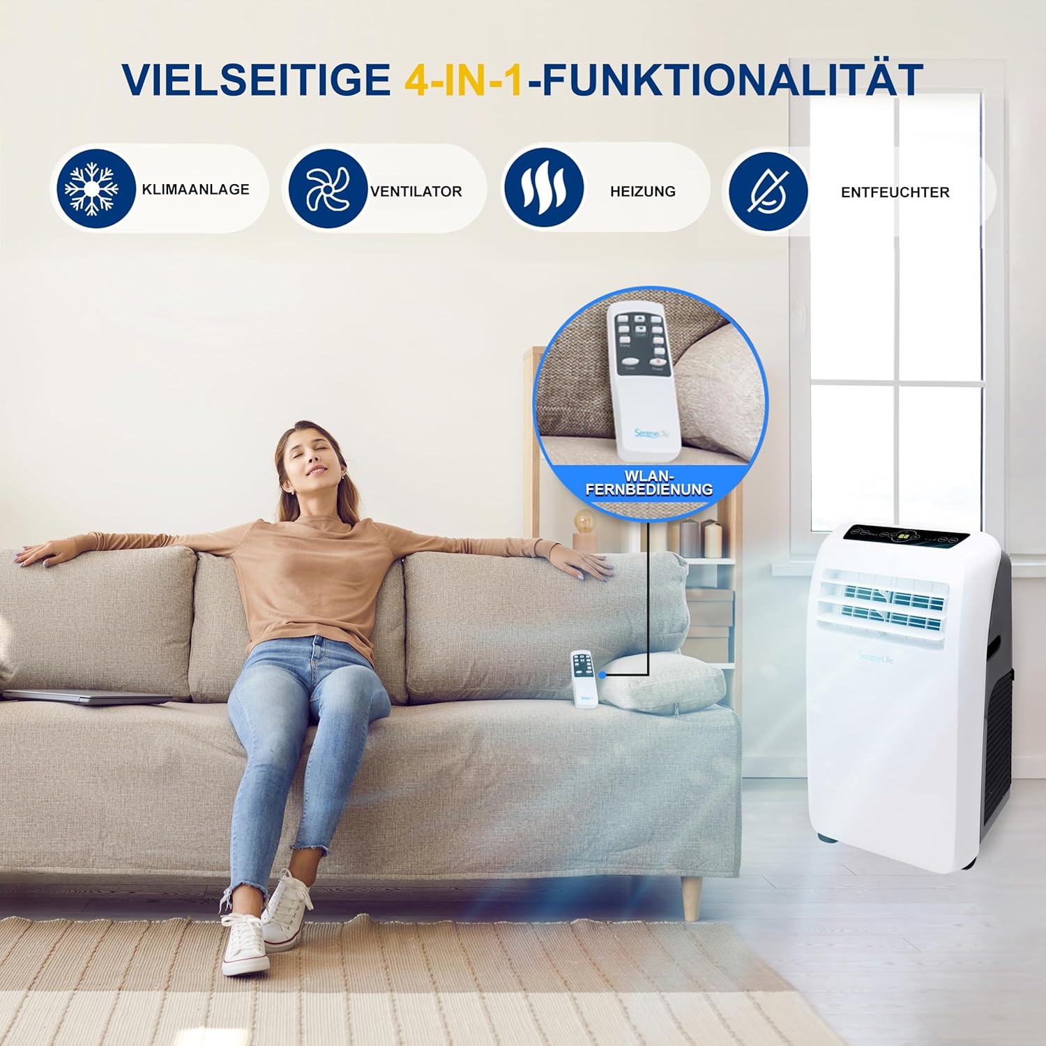 SereneLife Klimaanlage mobil, 3-in-1 mobiles Klimagert mit Abluftschlauch - Luftkühler, Luftentfeuchter & Ventilator, air conditioner 9.000 BTU, 1,5 L Feuchtigkeit/Stunde, kühlt Rume bis 42 m