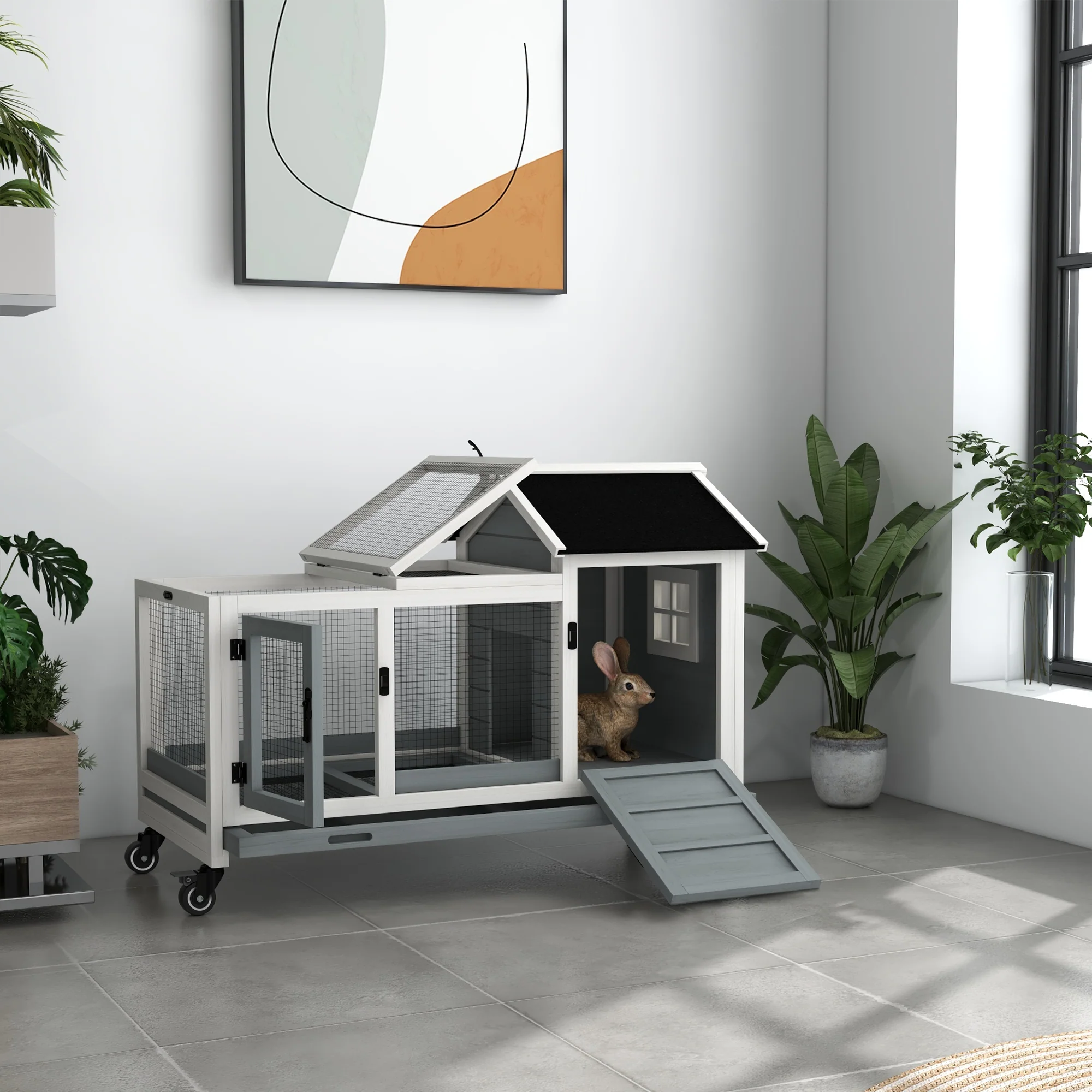 PawHut Konijnenhok, Kleine Dierenhok voor Dwergkonijnen, Cavia's, met Wielen, 108 x 58 x 73,5 cm, Grijs