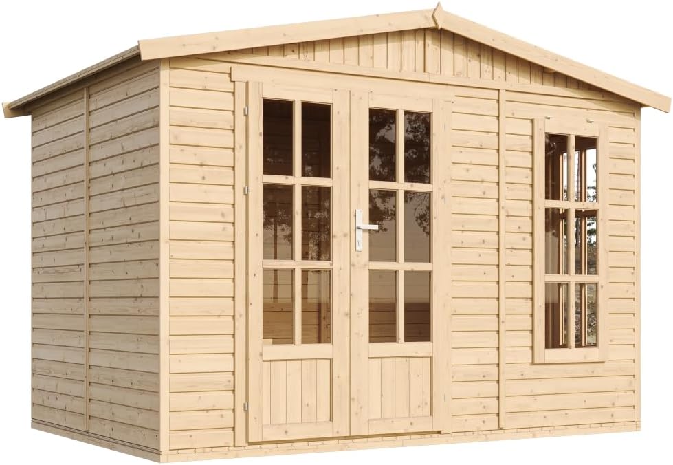 Caseta de jardín de Madera de 6 m2 - Cobertizo Jardin Exterior con Suelo, Ventana, Puerta Doble - Cabaña de jardín para Trabajar en casa - sin Tejas bituminosas - TIMBELA M334FB