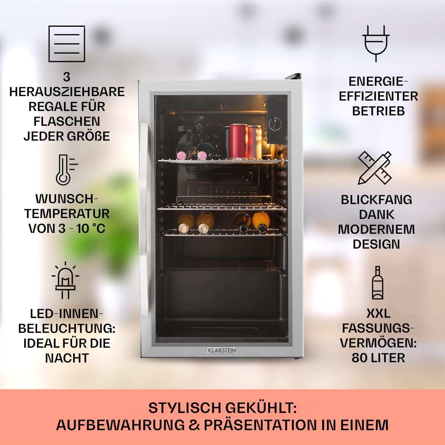 Klarstein Mini Koelkast met Glazen Deur voor Kamer, Drankenkoelkast met Verstelbare Planken, Klein 80 Liter, Indoor/Outdoor Koelkast Stil