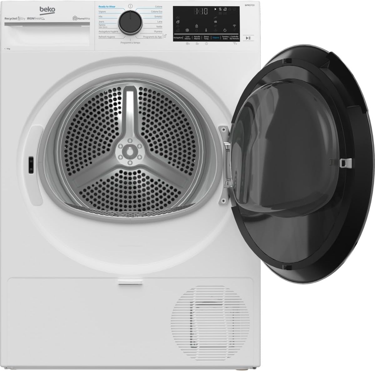 Beko BT96DBS Asciugatrice 9kg, Classe A, Linea Estetica Beyond, motore inverter, Display digitale XL, colore Bianco, oblò Nero, WIFI