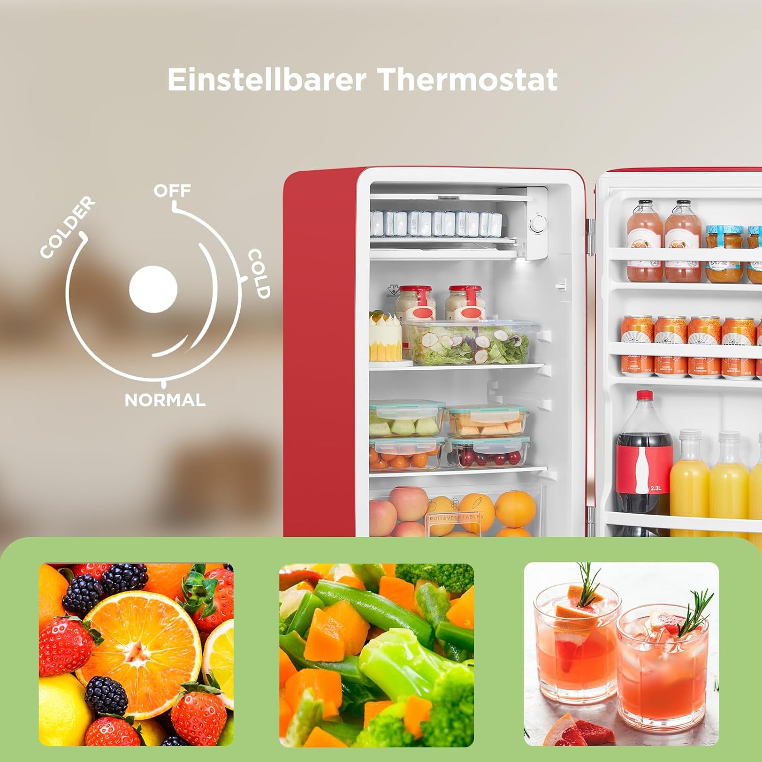 Comfee' RCD93RE2EURT(E) Kleiner Kühlschrank 93 L, Retro-Design, Mini-Kühlschrank mit einer Tür, einstellbare Temperatur, leise, geeignet für Zuhause, Büro und Hotel, Rot