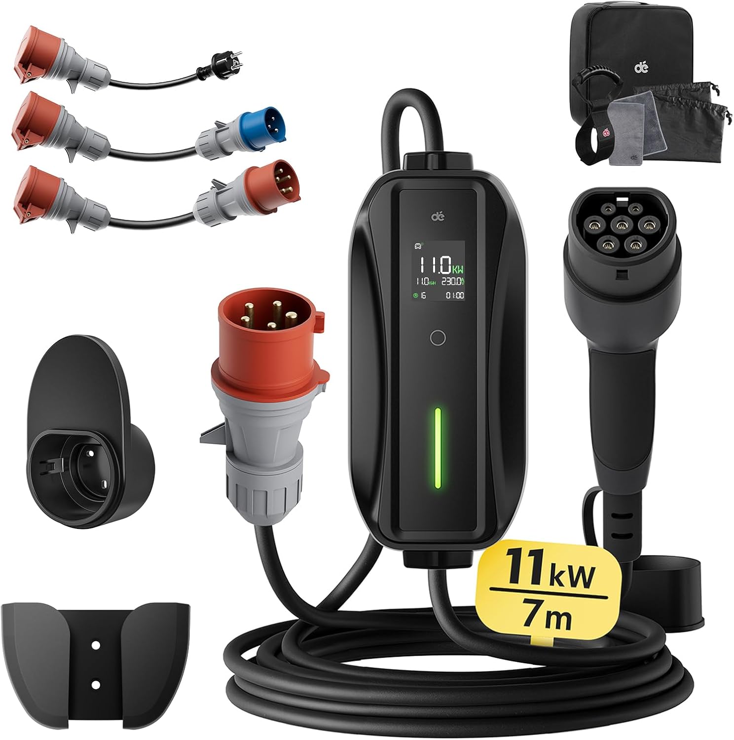 dé Mobile Wallbox/Ladestation 11kW [3-phasig|7m|6-16A] mit Traveller Adapter Set, Ladekabel CEE 16A auf Typ 2 und EV Ladegerät für Model Y/3, ID.3/4/5, MG4, EX30, e-up, e-tron, Zoe und andere EV
