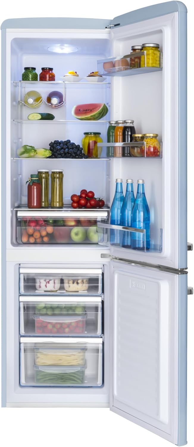 Amica KGCR 387 100 L Retro Kühl-/Gefrierkombination / Baby Blue (Hellblau) / 181cm (H) x 55cm (B) x 62cm (T) / Retro-Design / Kühlschrank mit Gefrierfach