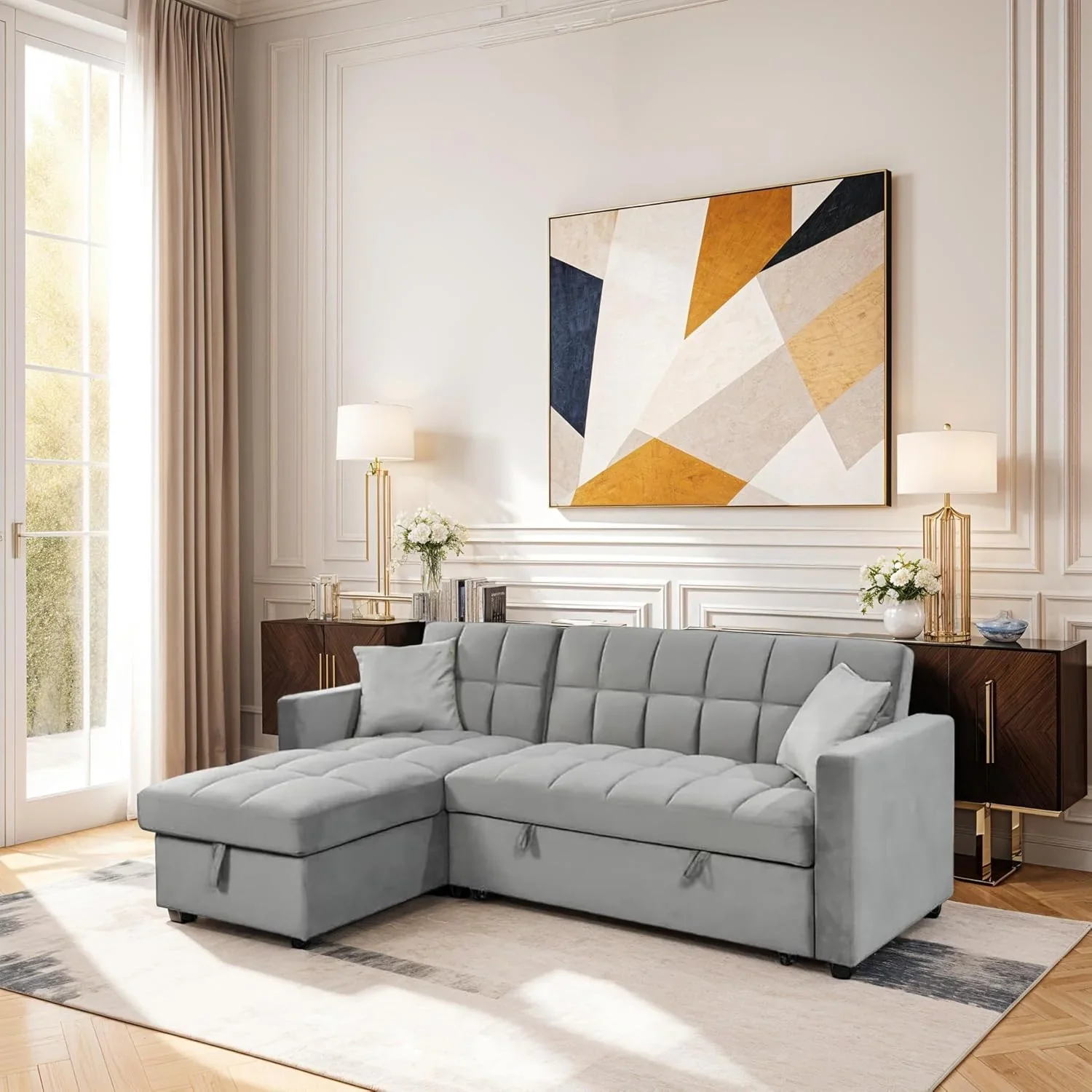2026 Sofá Cama Chaise Longue 210x145 cm - Chaise Longue Reversible Ambos Lados con Arcón, Sofa Rinconera con Sistema de Arrastre, Armazón de Pino Macizo - Gris Terciopelo