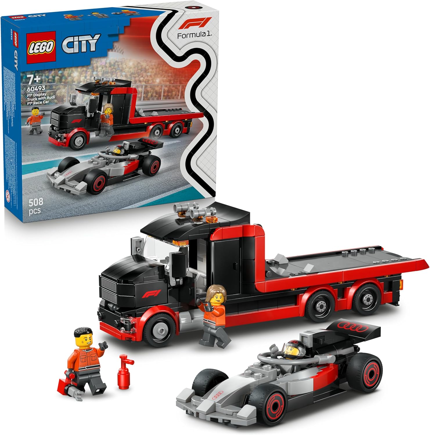 LEGO City F1 uppvisningsbil med Audi F1 racerbil – Byggset med Audi F1 racerbil och lastbil – Byggleksaker för barn från 7 år – Rolig present för pojkar, flickor och barn som gillar bilar – 60493