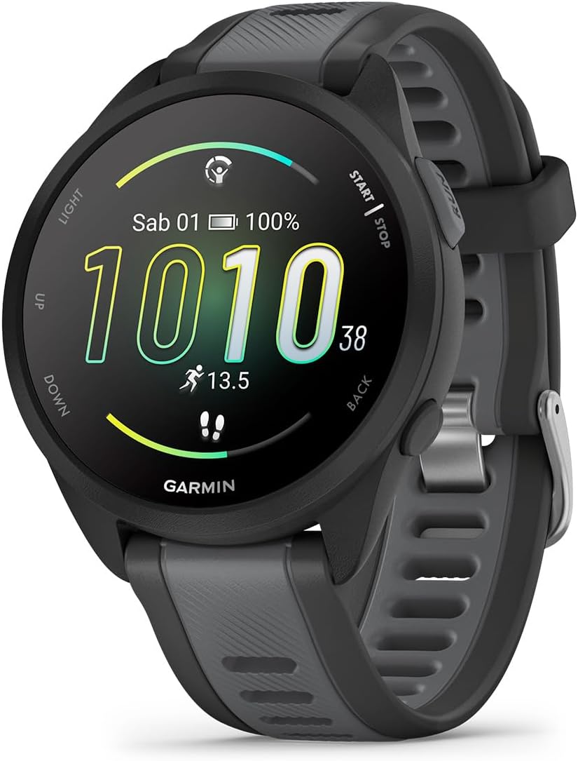 Forerunner 165 Running Smartwatch 43mm GPS Cardio VO2max Morning Report HRV Status Free Plans 5K 10K 21K Training Readiness Pay (Black & Slate Gray)