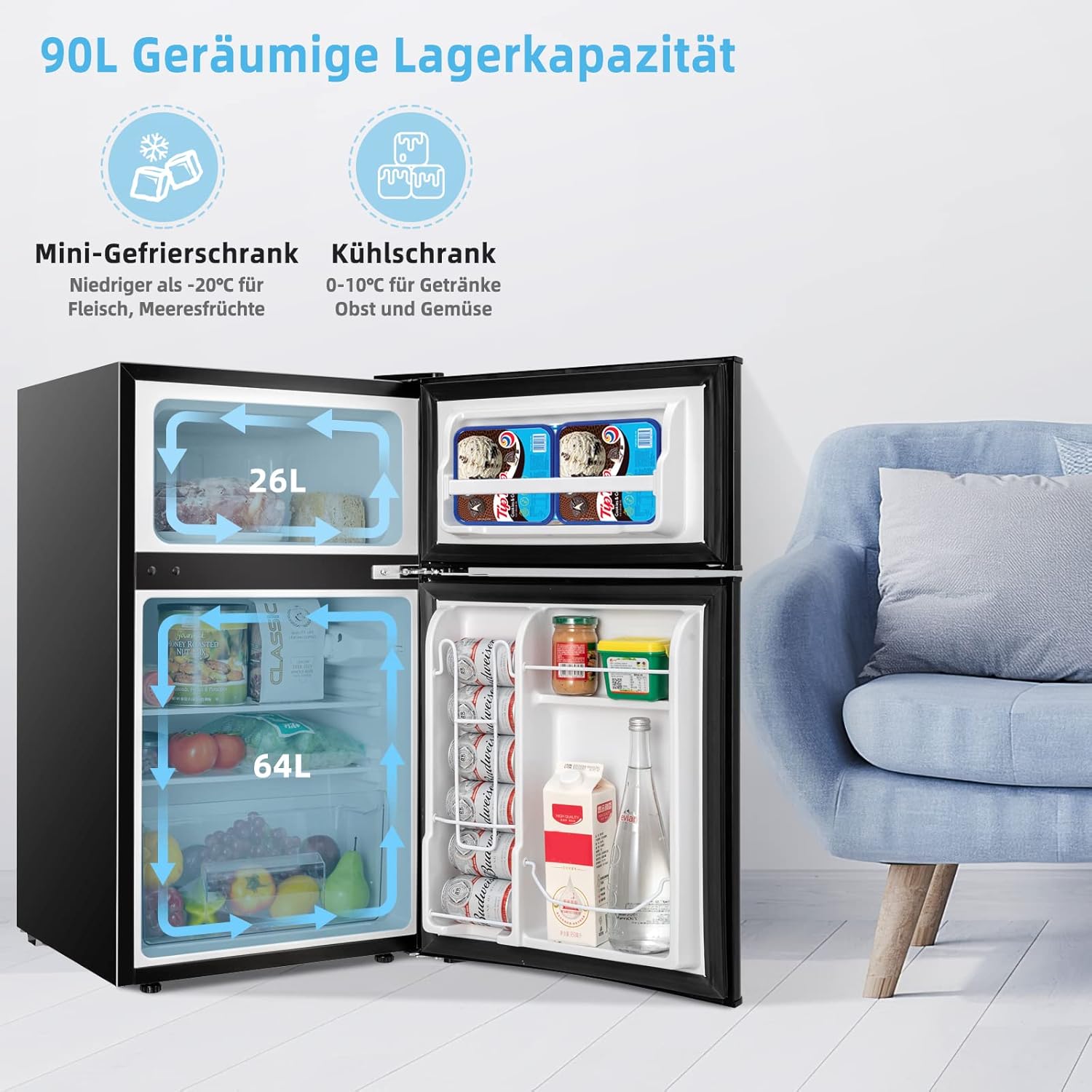 COSTWAY 90L Kühlschrank mit 27L Gefrierfach Kühl-Gefrier-Kombination Standkühlschrank Gefrierschrank mini Kühlschrank (weiß)