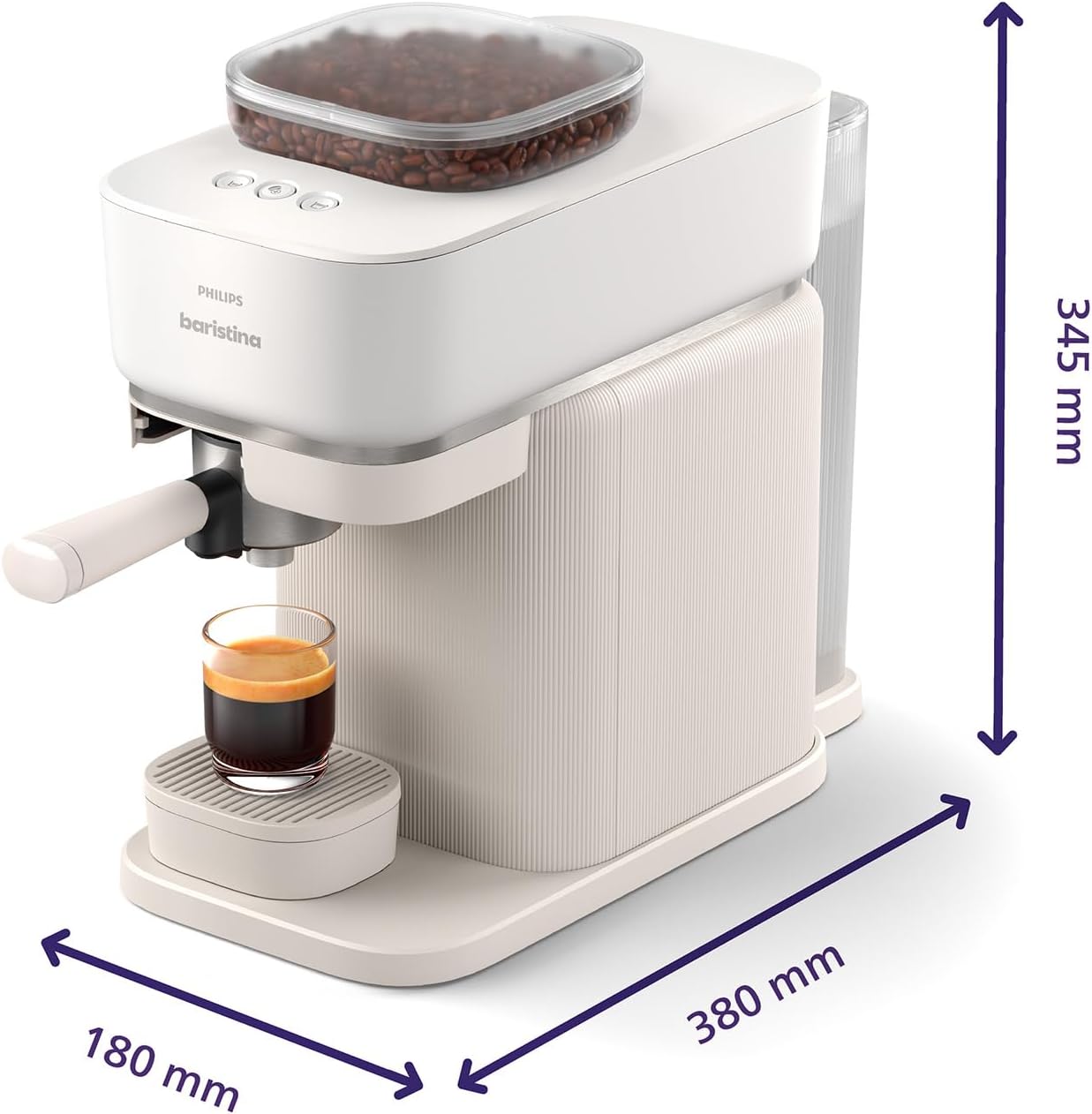 Philips Baristina Espressomaschine - Real Espresso- made simple. Kompakte Kaffeemaschine- Naturweiß mit weißem Siebträger- 16-bar-Pumpendruck- automatisches Mahlwerk- Cafe Crema (BAR300/00)