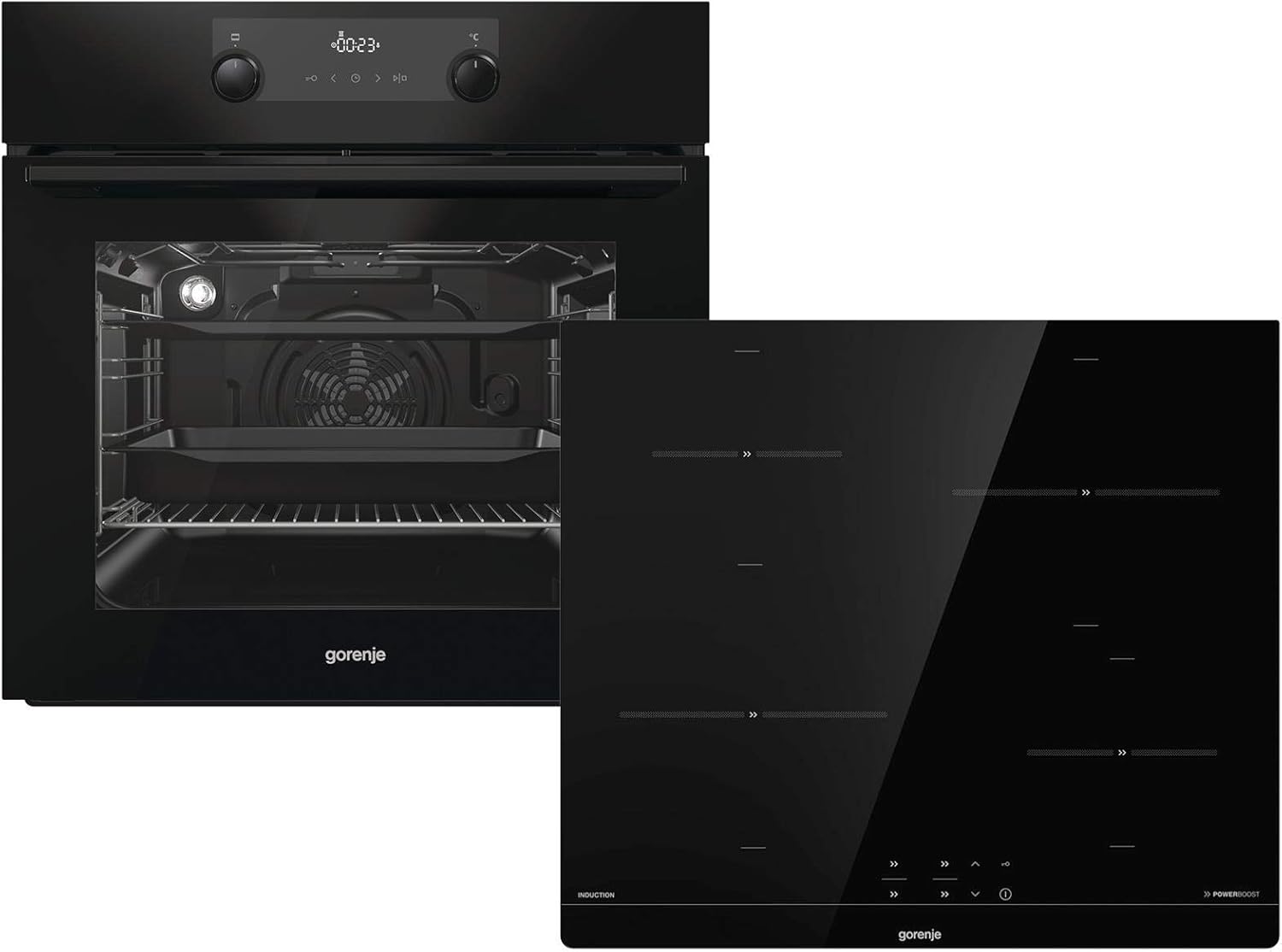 Gorenje 738971 Einbaubackofen-Set OptiBake Black Steam Pyro Set / 77L / Heißluft/Pyrolyse/ExtraSteam/GentleClose/AirFry/Pizzamode 300°C/PerfectGrill/Induktions-Kochfeld mit BridgeZone/schwarz