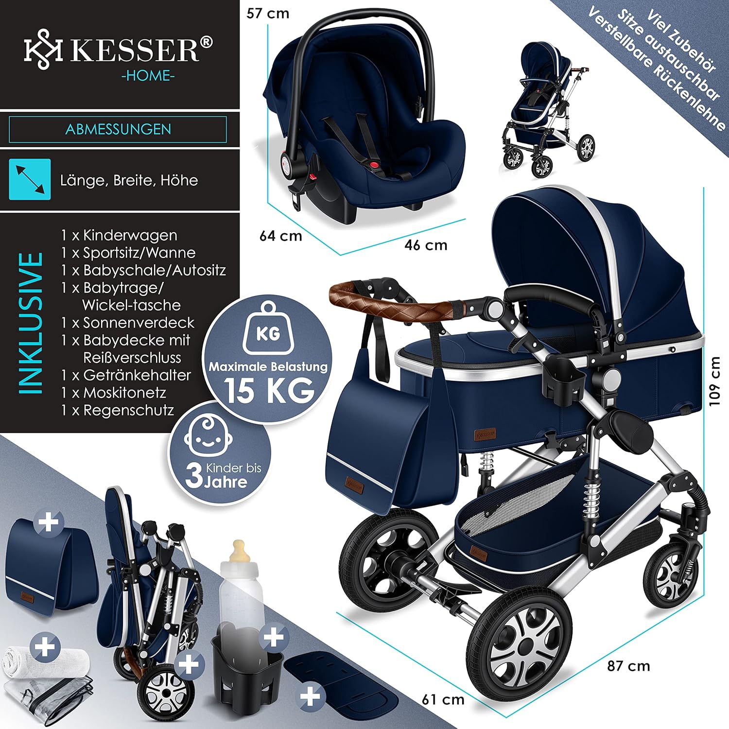 KESSER® Loops 3 in 1 Kinderwagen Kombikinderwagen Komplett-Set inkl. Babywanne & Buggy Sportsitz & Auto-Babyschale Voll-Gummireifen Wickeltasche Regenschutz Kindertisch ECE R129, Grau/Silber