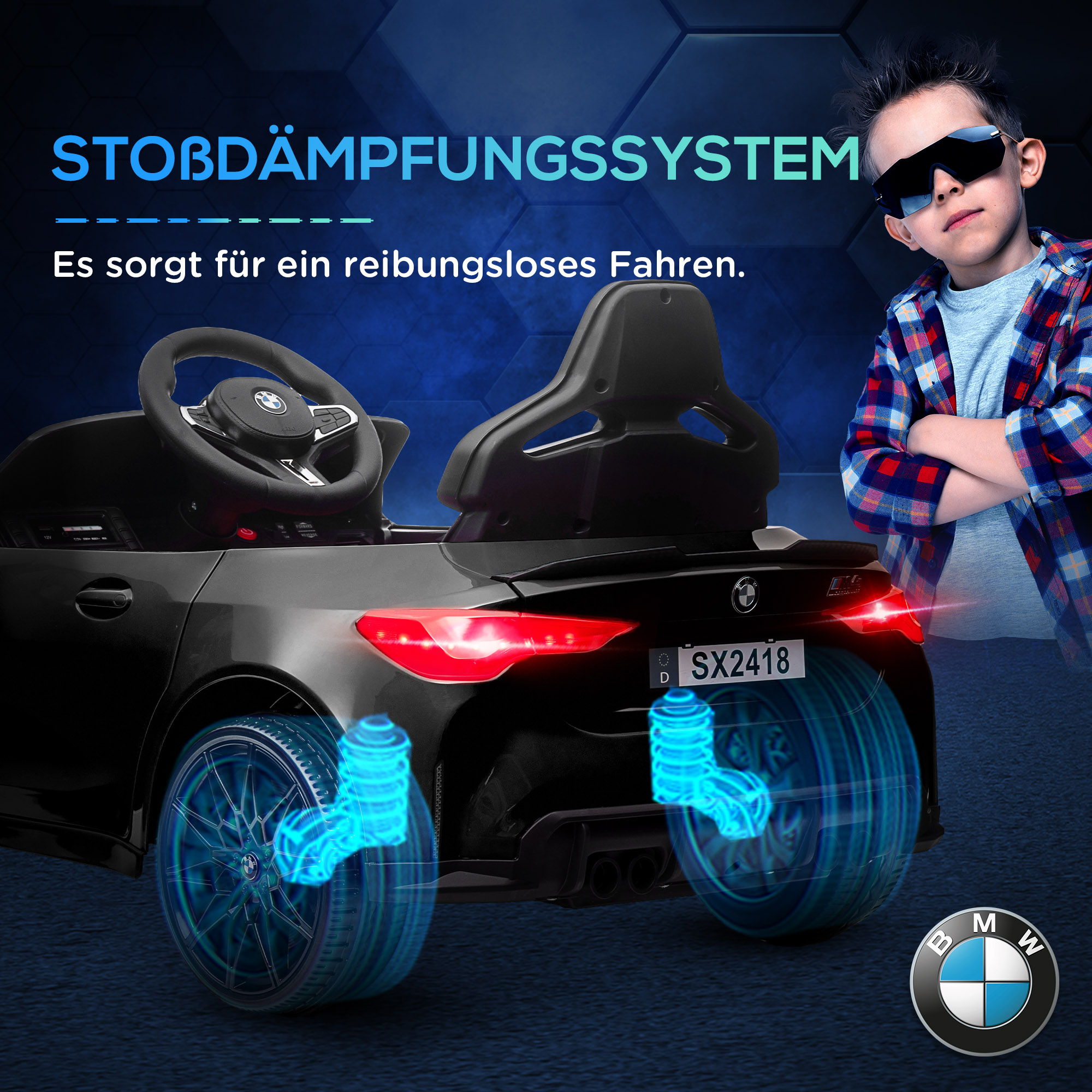 AIYAPLAY Elektro Kinderauto BMW M4, Sound & Licht, 3-5 km/h, inkl. Fernsteuerung, für 3-5 Jahre, Schwarz