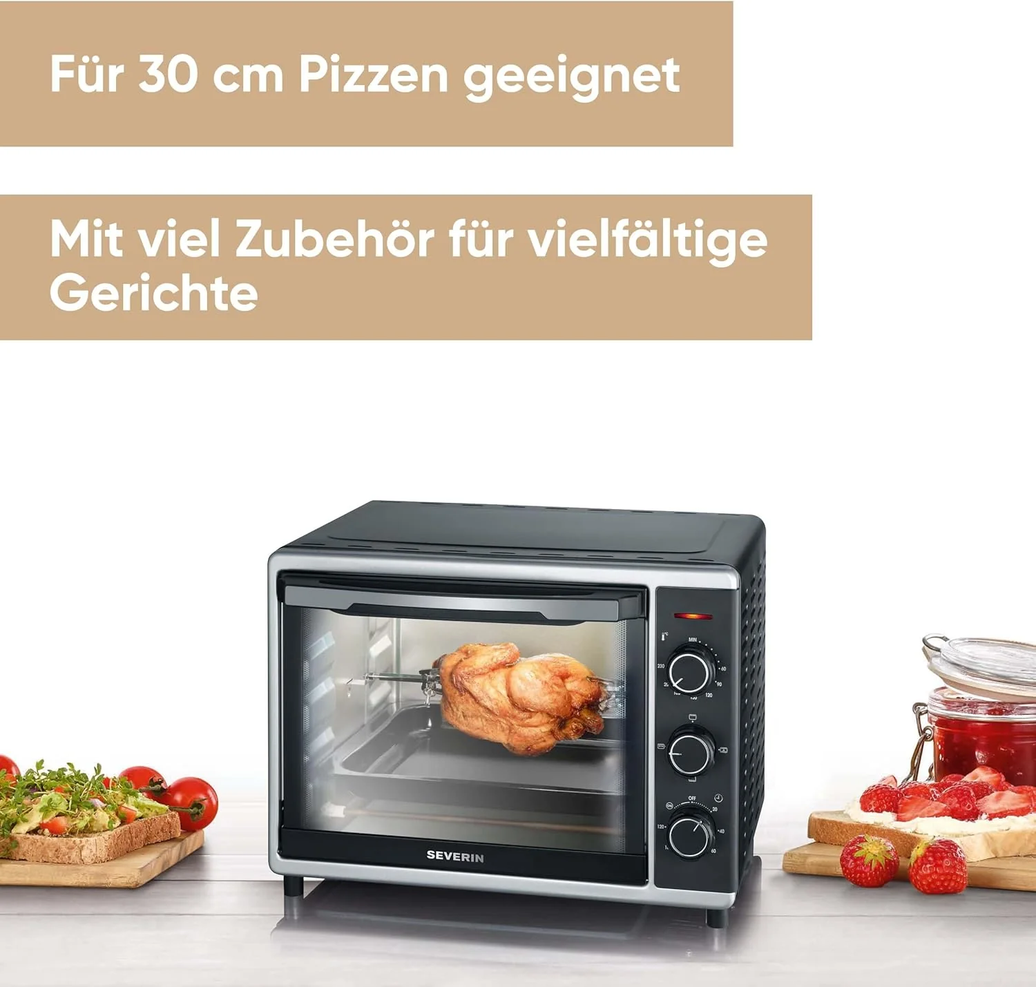 SEVERIN Bak- en Toastoven met heteluchtfunctie, Mini Oven met grillrooster, bakplaat, draaispies en pizzasteen, veelzijdige heteluchtoven met 42 L inhoud, 1.800 W, zwart, TO 2058