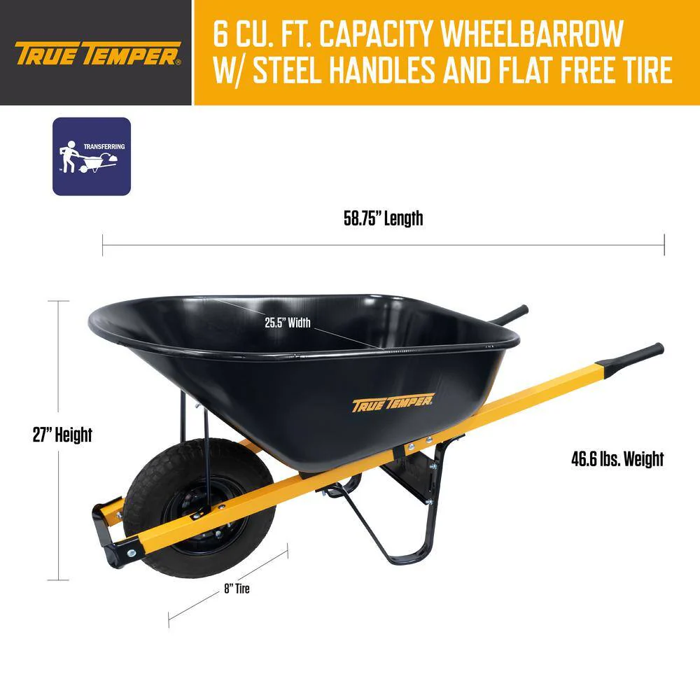 Carretilla True Temper R6STFFEC de Acero 6 pies³ con Rueda Antipinchazos y Mangos de Acero – Kit para Montar