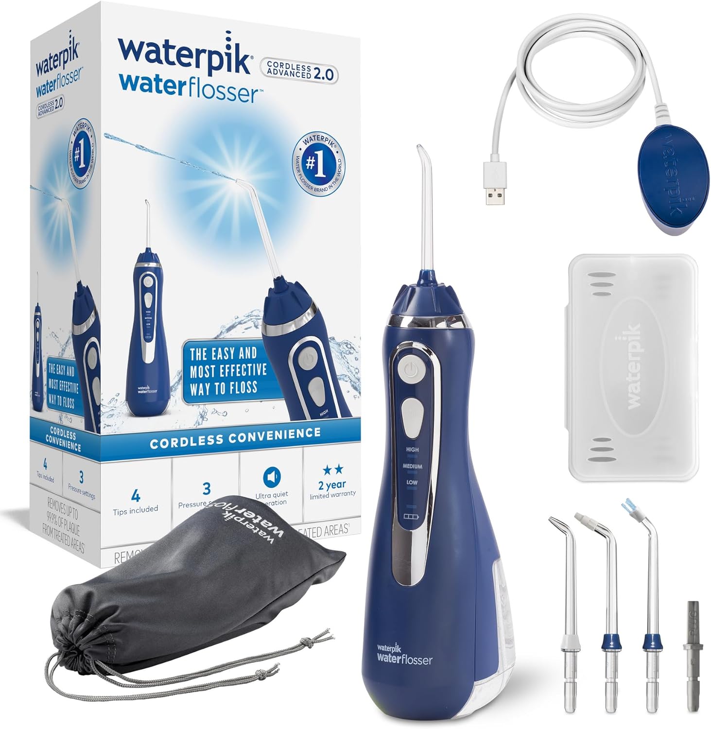 Waterpik sladdlös avancerad vattentandtråd, sladdlös golvdusch med tre vattentrycksinställningar, tar bort plack, perfekt för resor eller mindre badrum, USB-laddare, blå (WP-583EU)