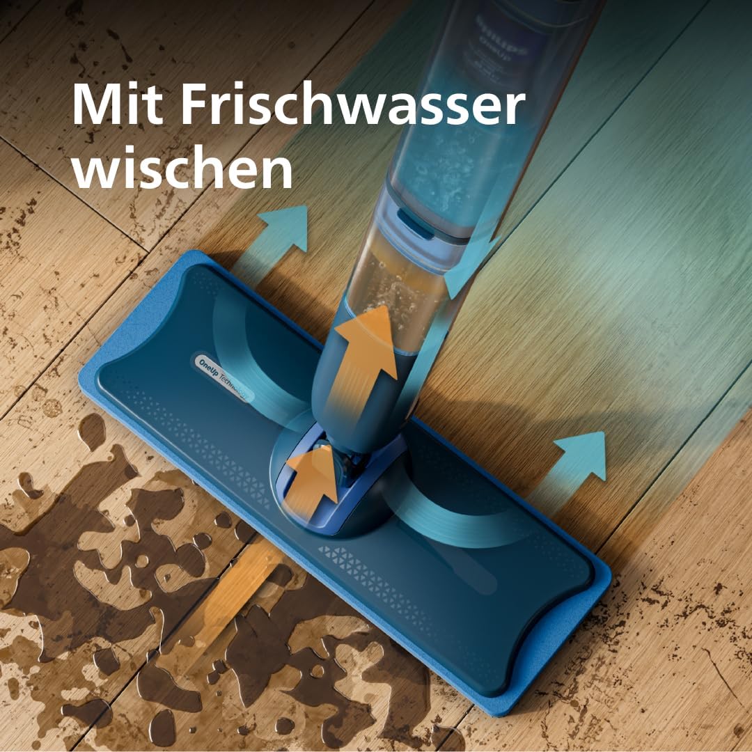 2026 Philips OneUp 5000 Serie Elektrischer Wischmopp - 2X sauberere Böden², 2X schnelleres Wischen, Zwei Feuchtigkeitseinstellungen für Harte & empfindliche Böden, Kabellos mit 360° Drehgelenk (XV5113/01)