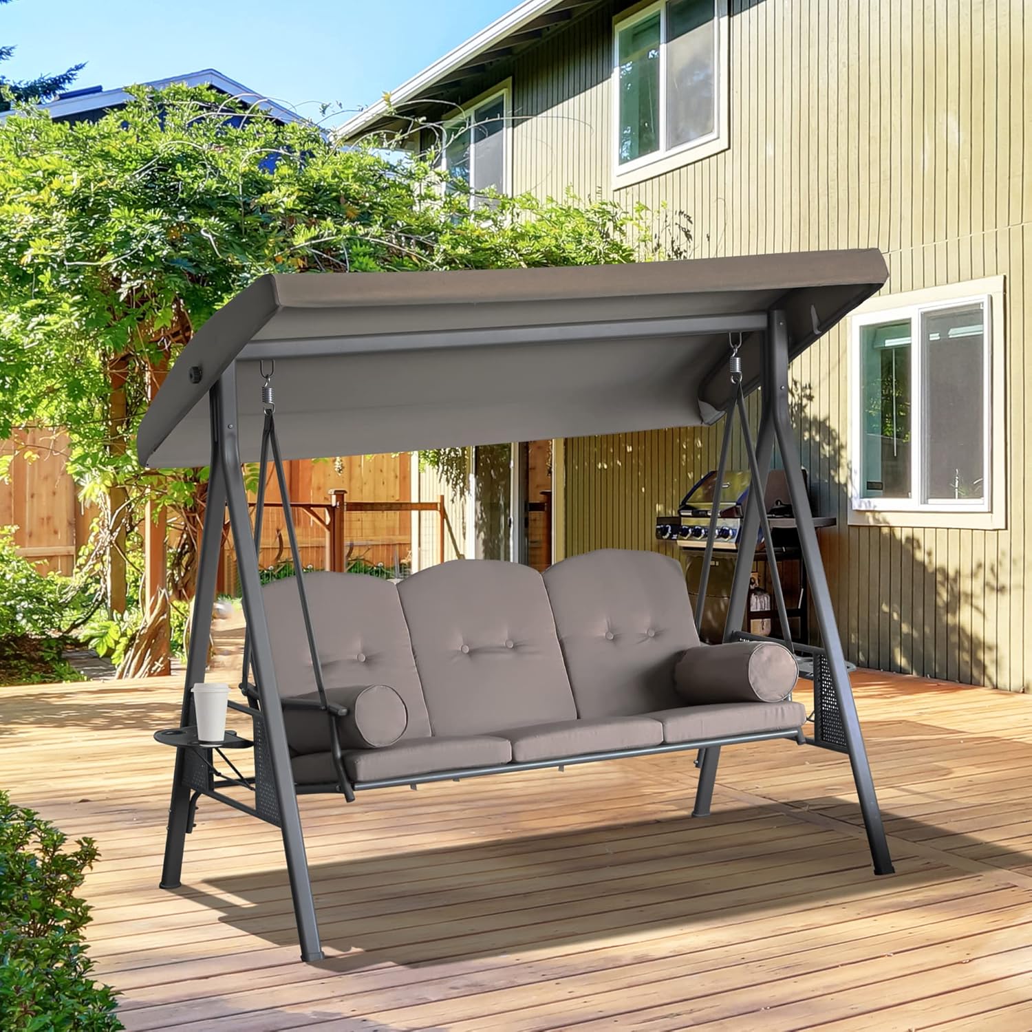 Outsunny 3-Sitzer Gartenschaukel Hoher Komfort Verstellbare Neigung Dach Kissen Versenkbare Tabletts Polyester Garn Beige