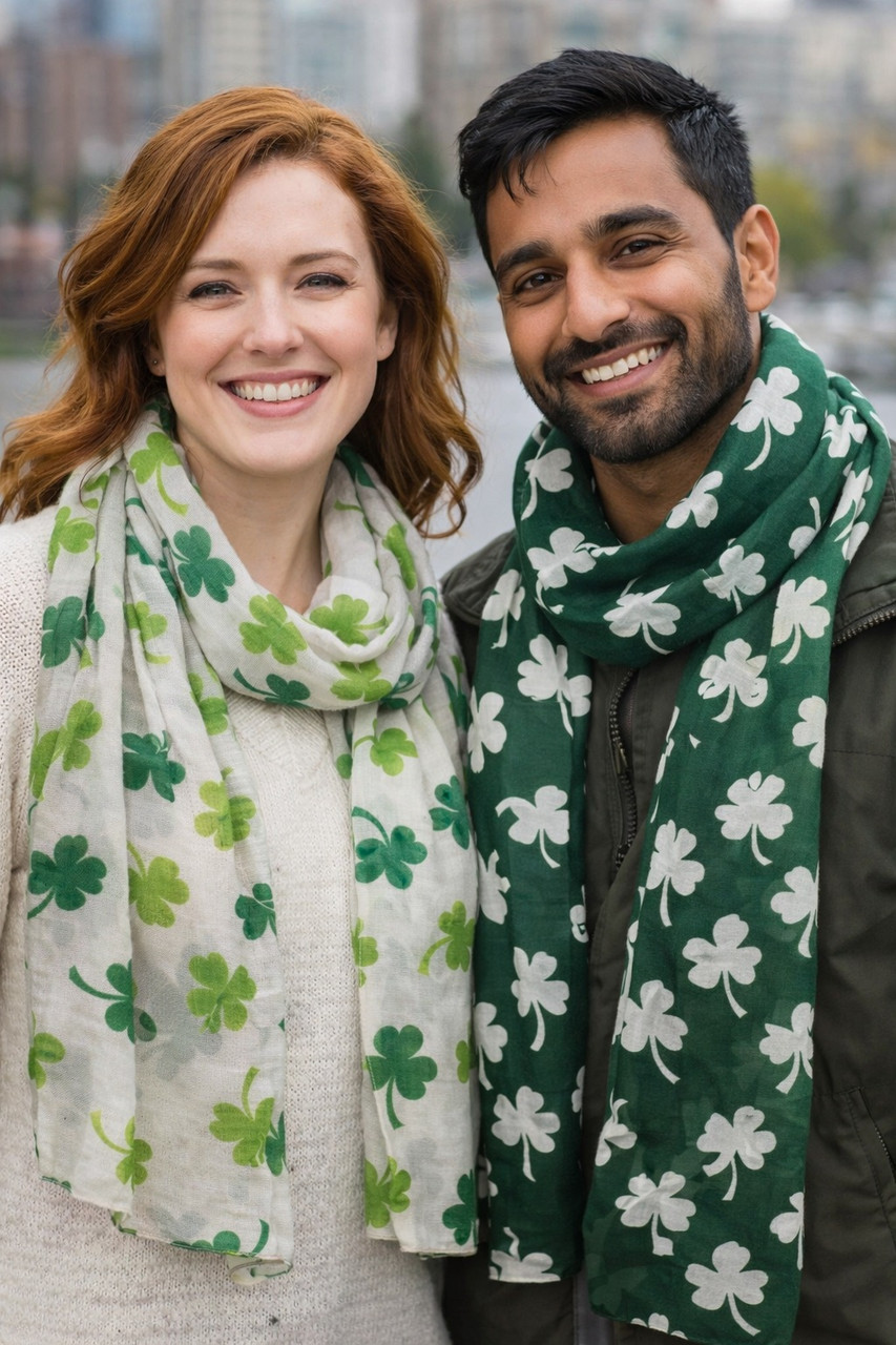St. Patricks Day Green White Shamrock Scarf 1907C