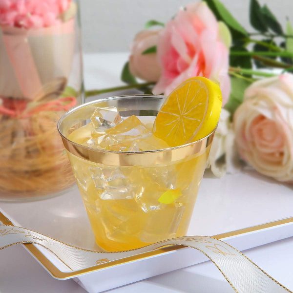 100000 200 Pack Gold Plastic Cups, 9 Oz Elegant Clear Plastic Cups Gold Rimmed Disposable Wine Glasses Fancy Disposable Party Cups Wedding Cups Drinking Tumblers Plastic Cocktail Glasses with Gold Rim