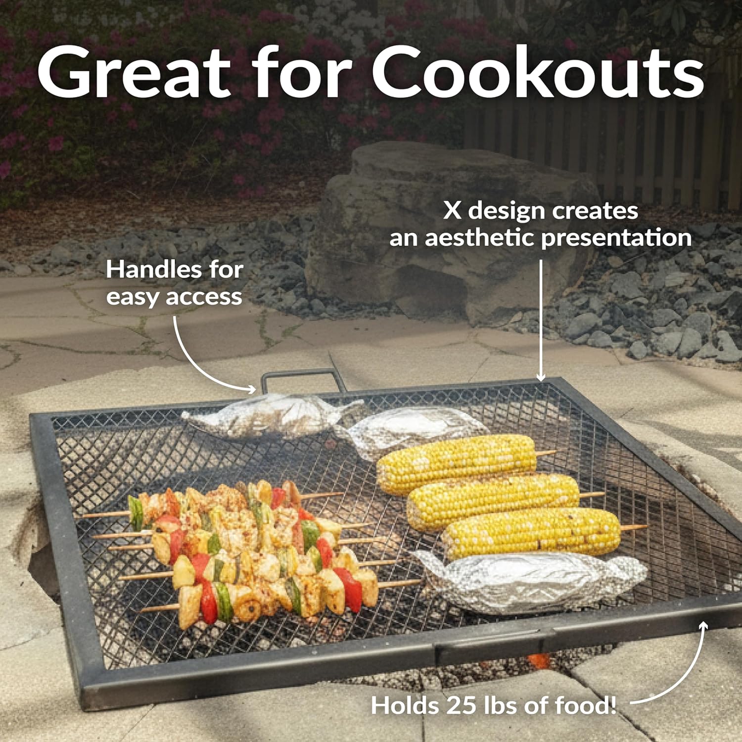 Sunnydaze Square Fire Pit Grill Grate - Campfire Grill Grate Over Fire Pit - BBQ Cooking Replacement Rack with Handles - 40 Inch