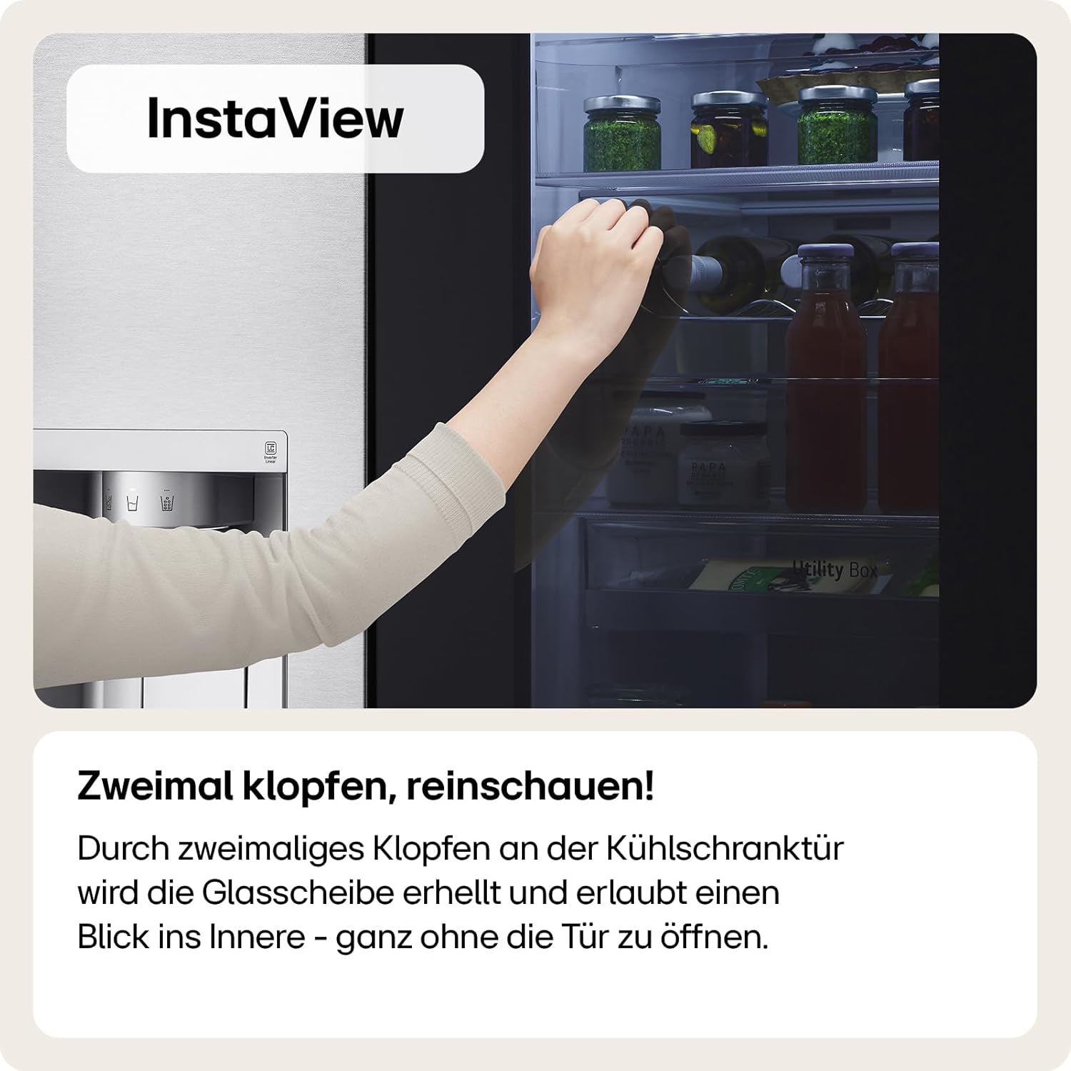 LG GMG861EPAE InstaView SLIM Multi-Door, Klasse E, 508 L, Kühlschrank mit Gefrierfach, Eis-, Crushed Ice- Wasserspender mit UVnano, Total NoFrost, Smart Inverter Kompressor, Wi-Fi, Farbe Matte Black