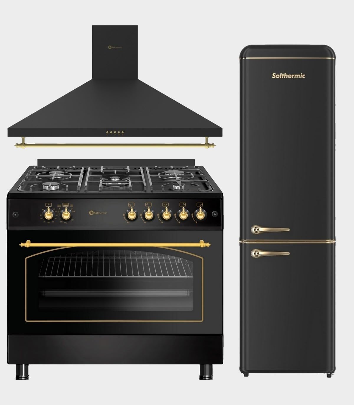 SOLTHERMIC PACK 3 EN 1 COCINA GAS HORNO PANORAMICA (115L) + CAMPANA DECORATIVA A JUEGO 90 CM + COMBI 1,88 X 55 TODO NEGRO RUSTICO Y ACABADOS DORADOS