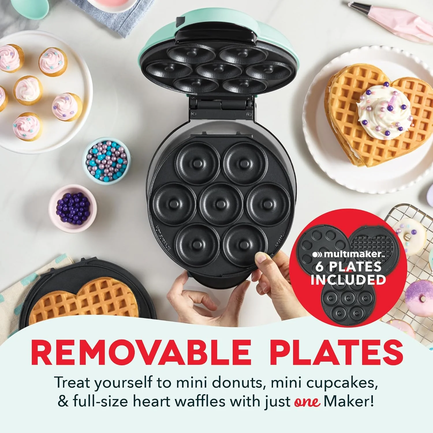 DASH MultiMaker Treat Maker System, Mini Donuts, Heart Shaped Waffle, Mini Cupcakes - Aqua
