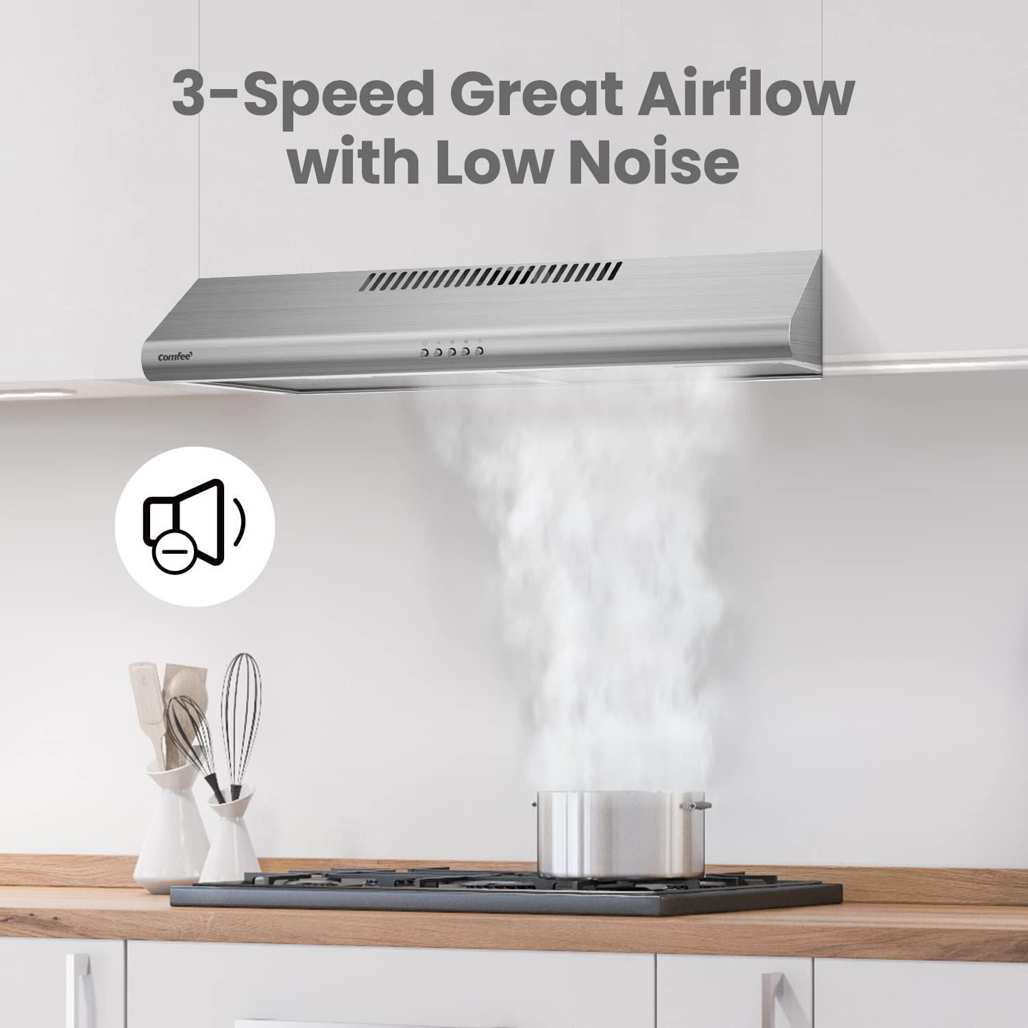 2025 Campana extractora Comfee bajo mueble 30 pulgadas – Funciona en recirculación o extracción, diseño elegante, acero inoxidable duradero, filtro reutilizable