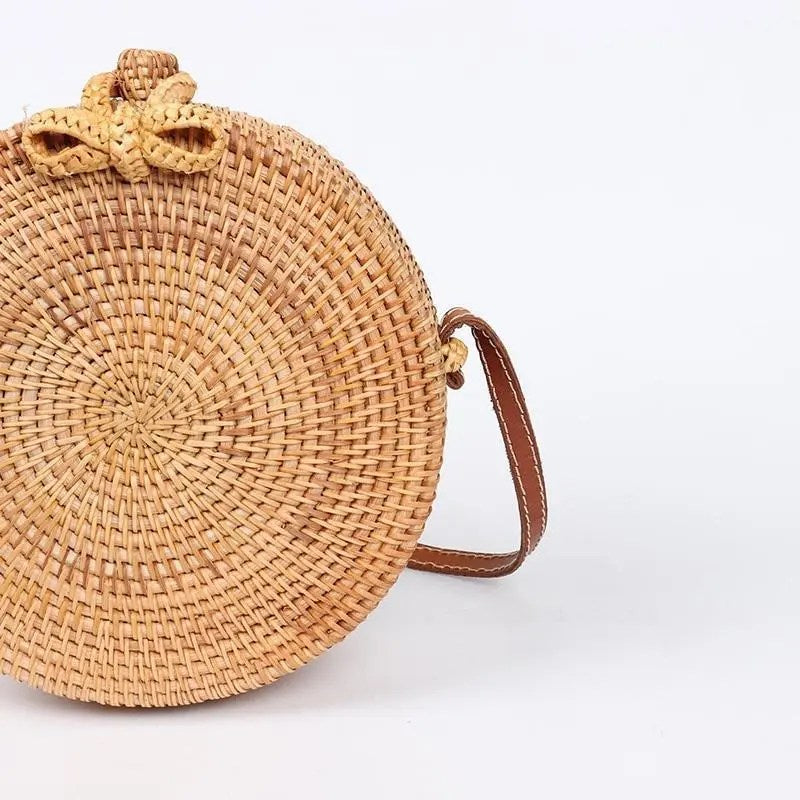 RattanpackTM Boho Round Woven Straw Bag – Handcrafted Rattan Crossbody Purse with Leather Strap