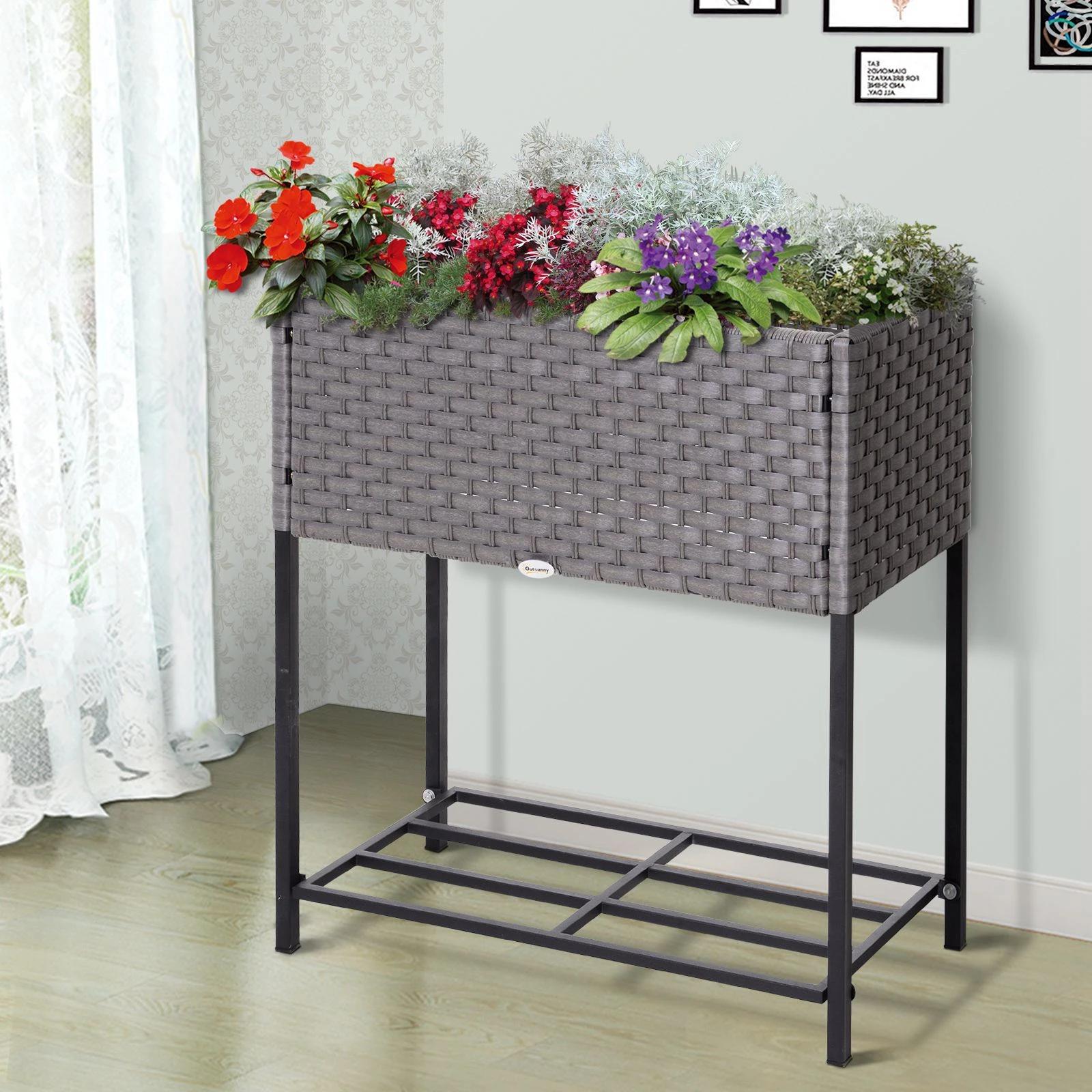 Outsunny? verhoogd bed, bloembak, bloempot met plank, irrigatie, rotan bruin 70 x 30 x 72 cm | Aosom.de