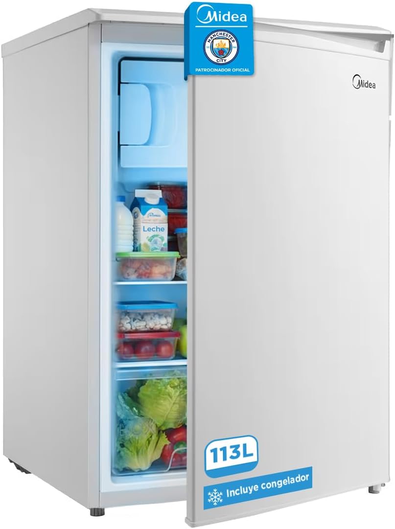 Midea 113L Frigorífico Pequeño con Congelador – Mini Frigorífico para Habitación/Caravana/Camping – Mini Bar de Bajo Consumo – Frigorífico Silencioso Bajo Mostrador 39dB + Congelador -16º/-24º